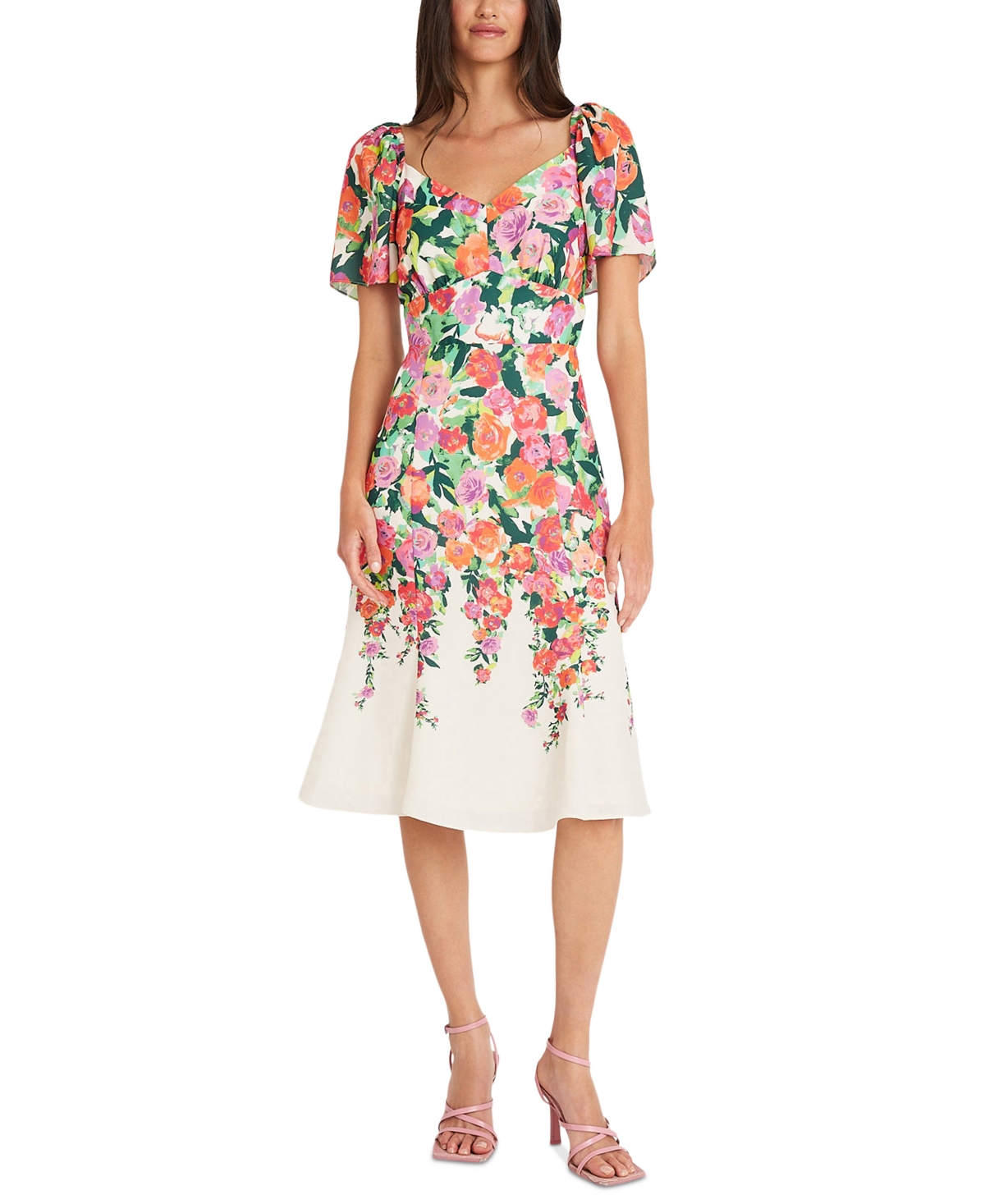 Women's Printed Sweetheart-Neck Fit & Flare Dress - Ivory/Mango