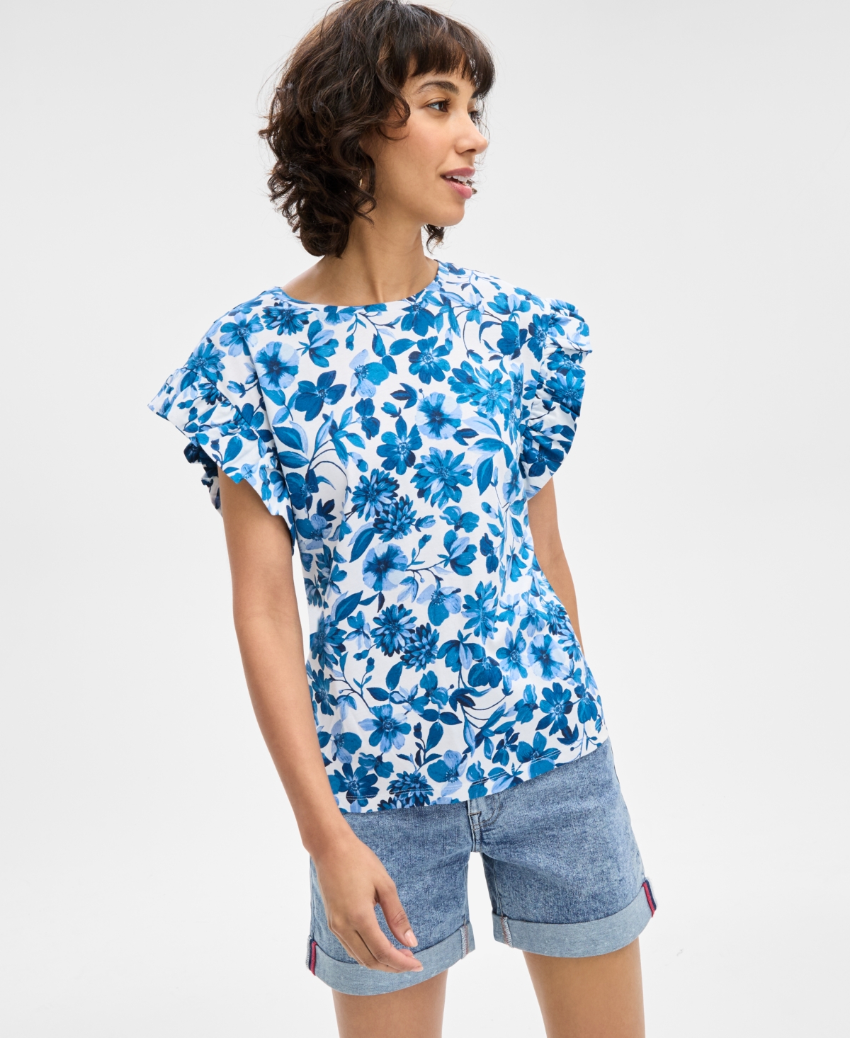 Women's Floral-Print Ruffle-Sleeve Top - Bright White Multi