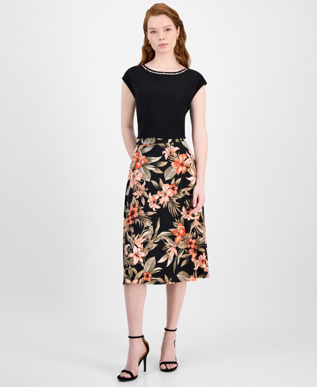 Women's Floral-Print Pull-On Midi Skirt - Black Multi