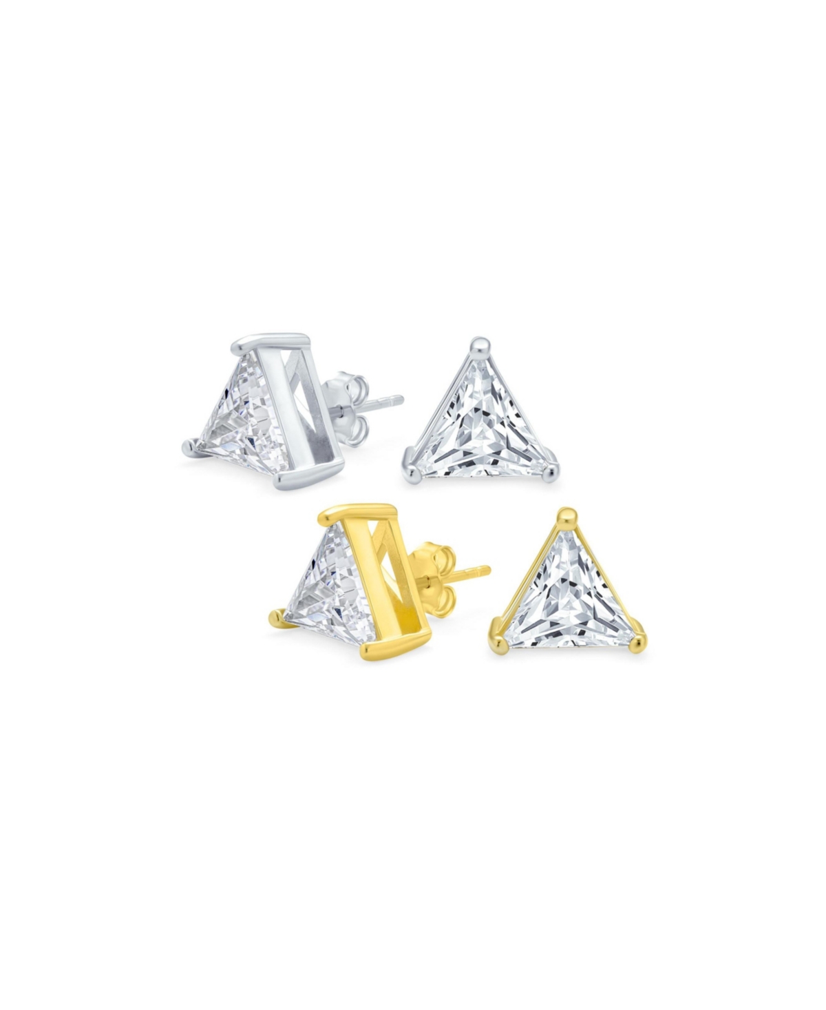 Set of 2 Triangle Cz Stud Earrings Gold Plated Sterling Silver - Gold-silver
