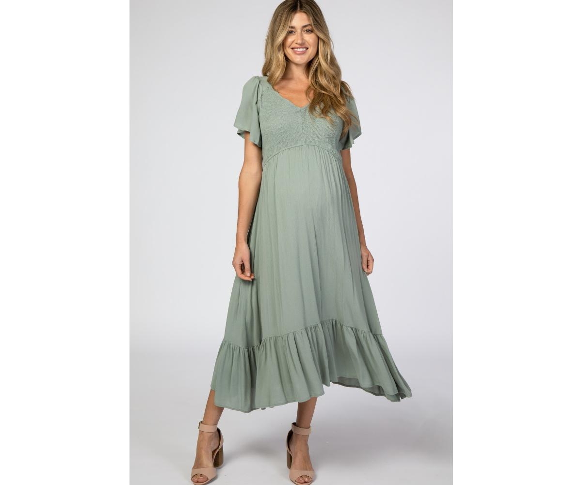 Maternity Light Olive Smocked V-Neck Midi Dress - Olive green