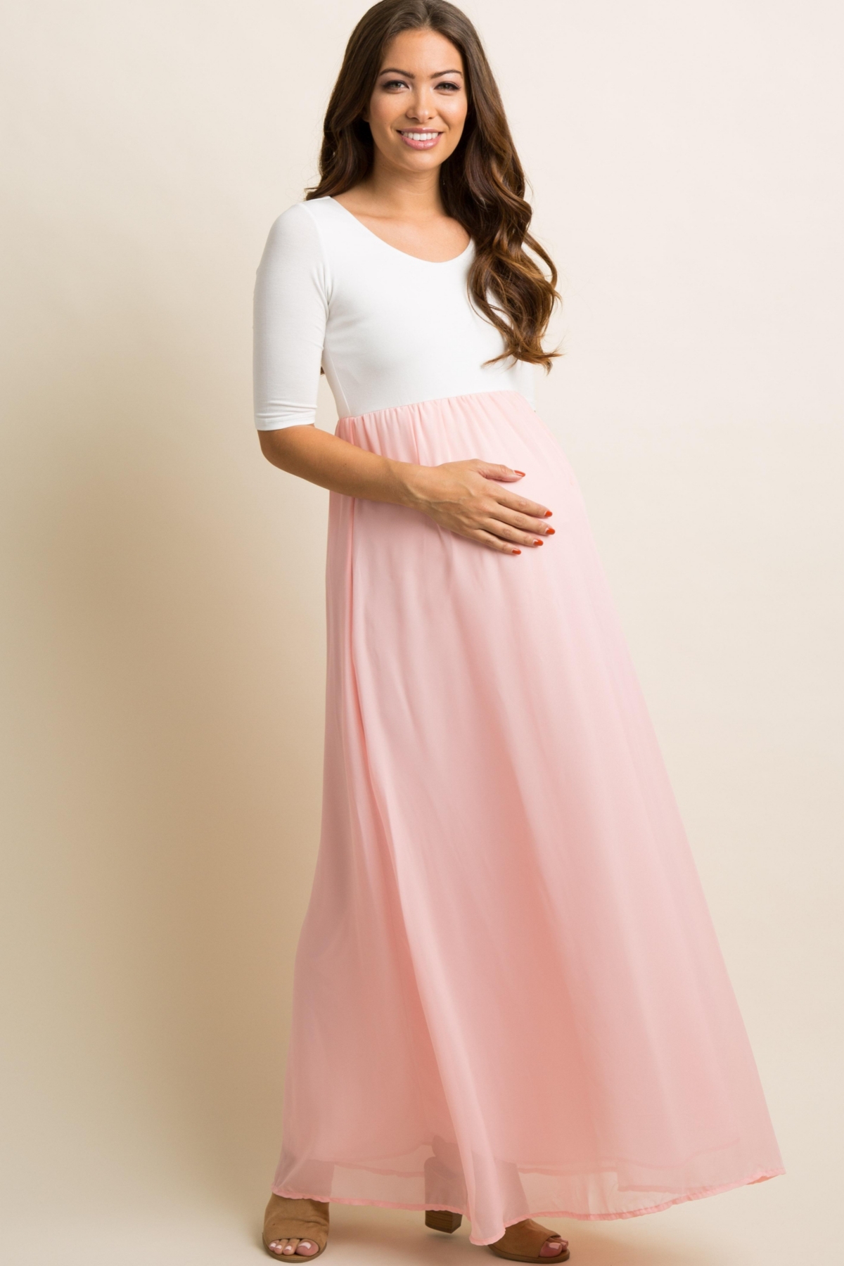 Petite Light Pink Chiffon Colorblock Maternity Maxi Dress - Light pink