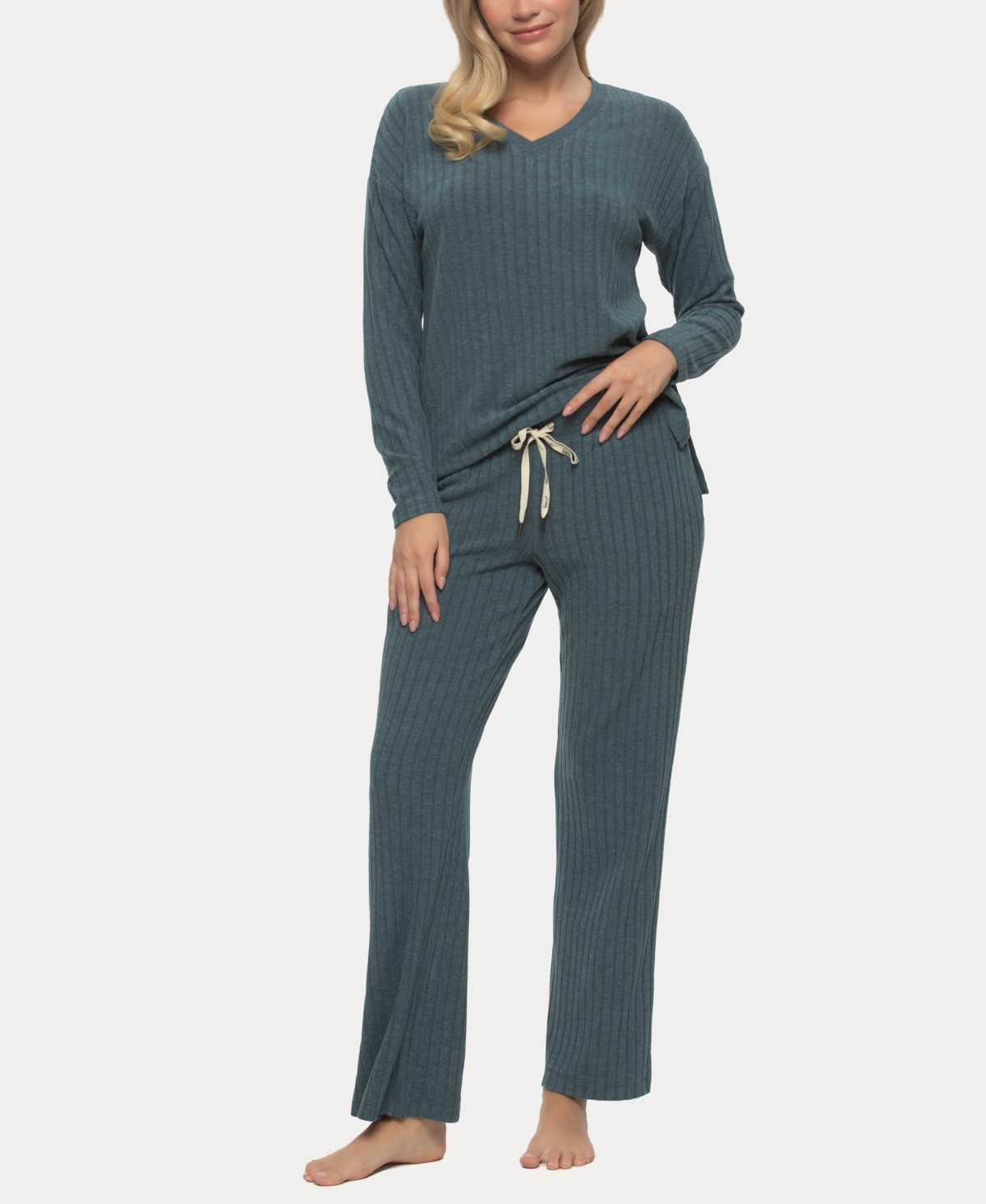 Women's Serena V-neck Pullover and Lounge Pant Set - Blue Wing Teal