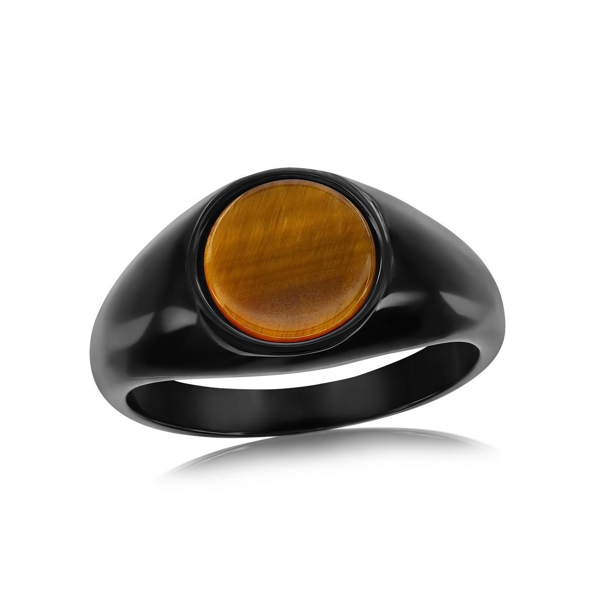 Stainless Steel, Black Plated Inlay Round Ring - Tiger Eye - Tiger eye