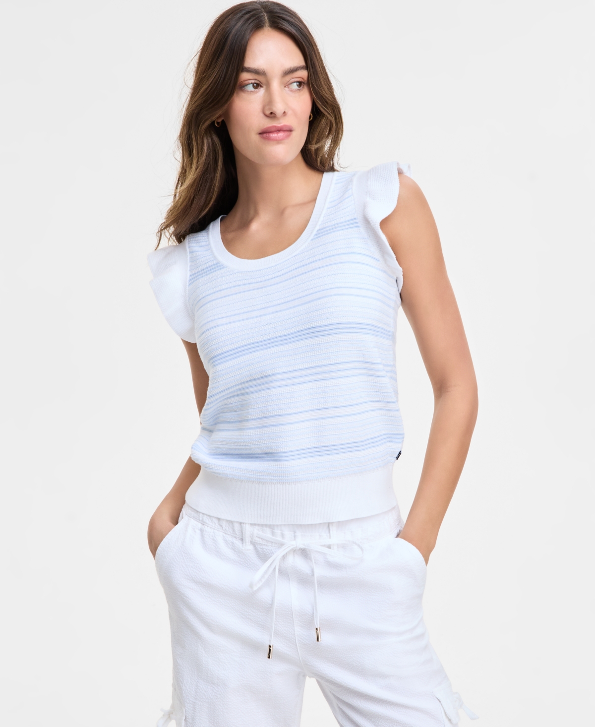Women's Cotton Striped Ruffled-Sleeve Sweater - Bright White Multi