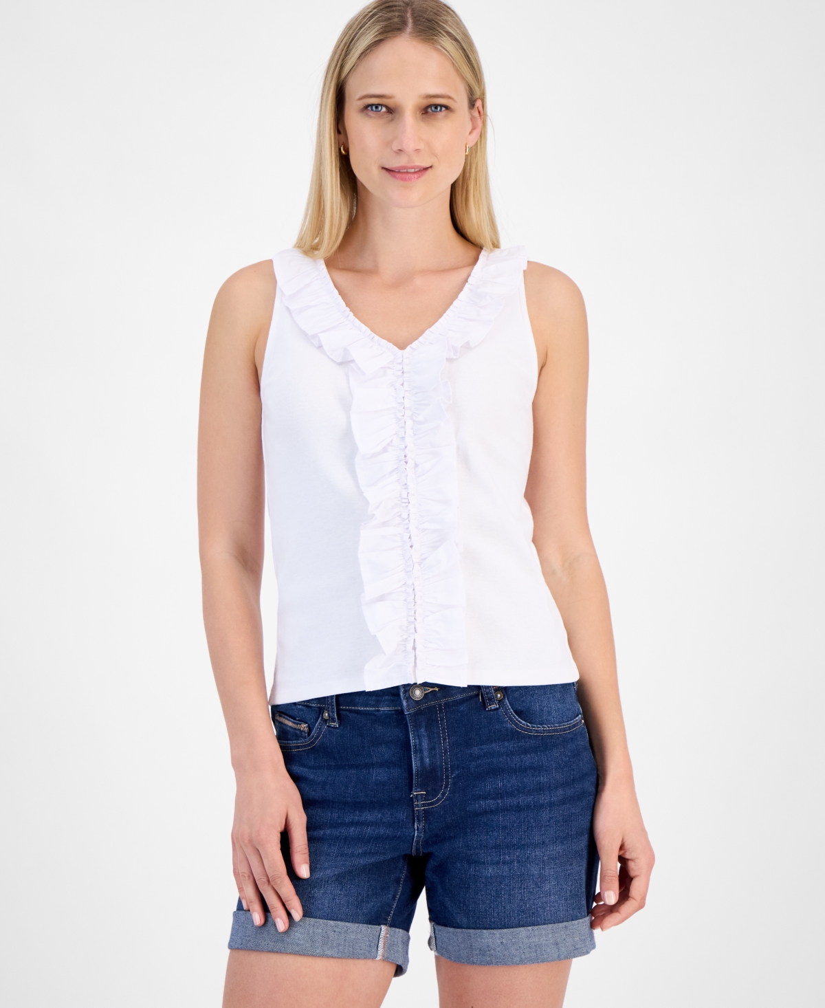 Women's Cotton Ruffled V-Neck Tank Top - Bright White