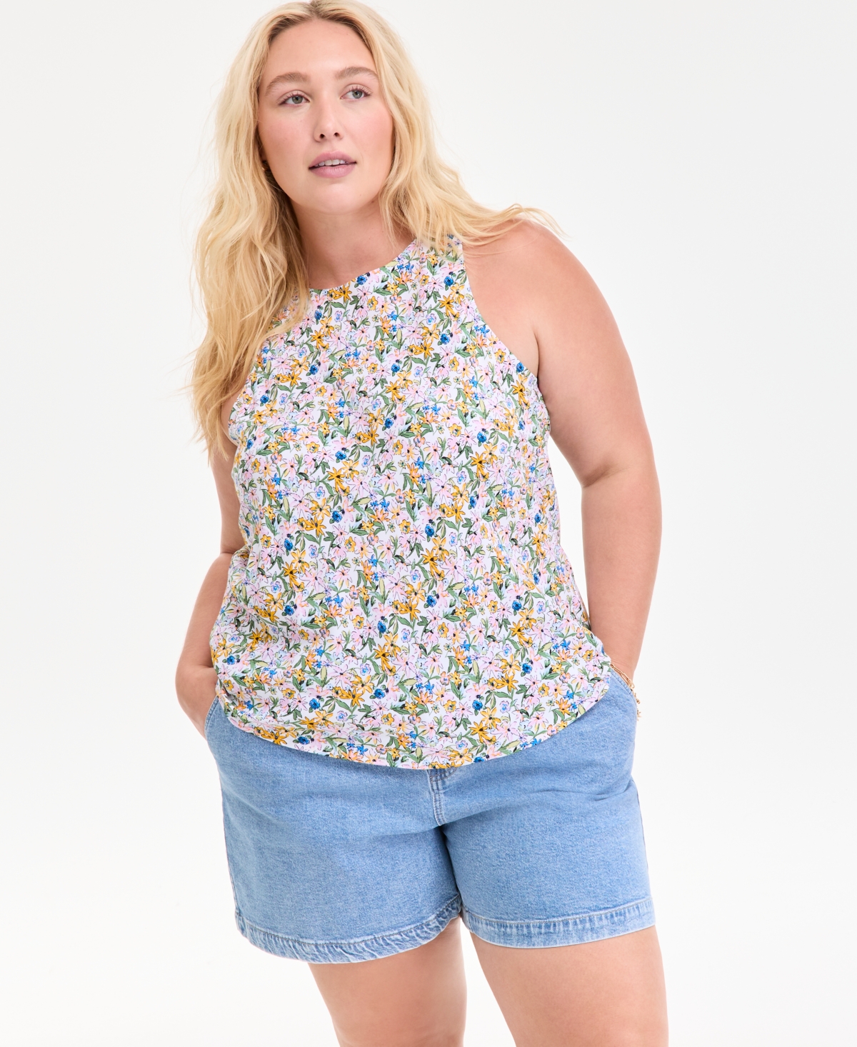 Trendy Plus Size Floral-Print Tank Top, Exclusively at Macy's - White Blue Cmb