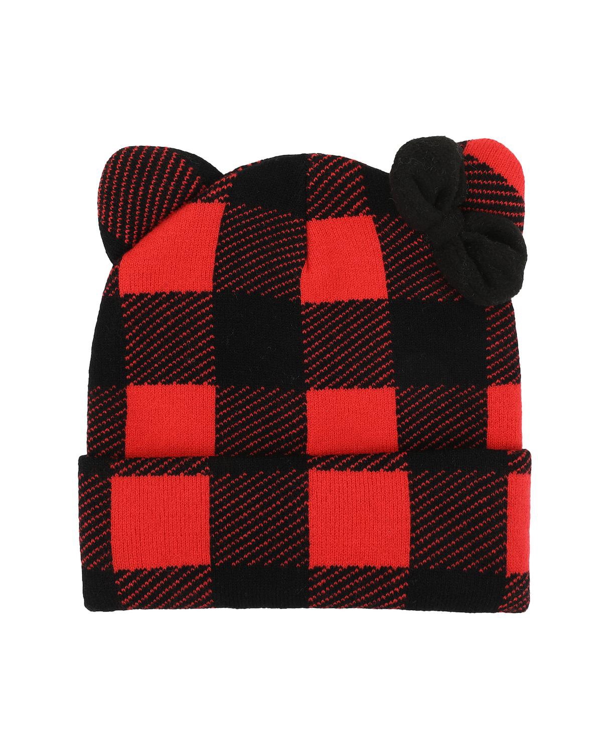 Head Shape Red Plaid Cuff Beanie With Fleece Bow - Hkc head shape