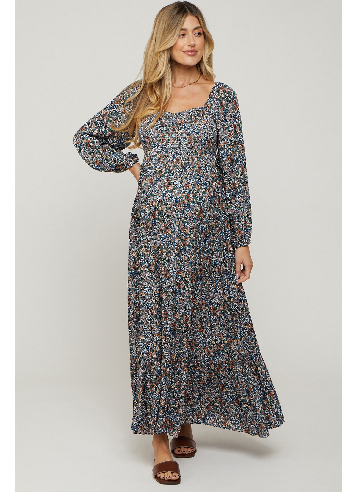 Maternity Navy Floral Long Sleeve Maxi Dress - Navy blue
