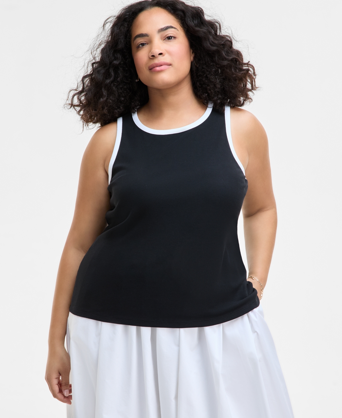 Trendy Plus Size Contrast Tipped Tank Top, Exclusively at Macy's - Deep Black