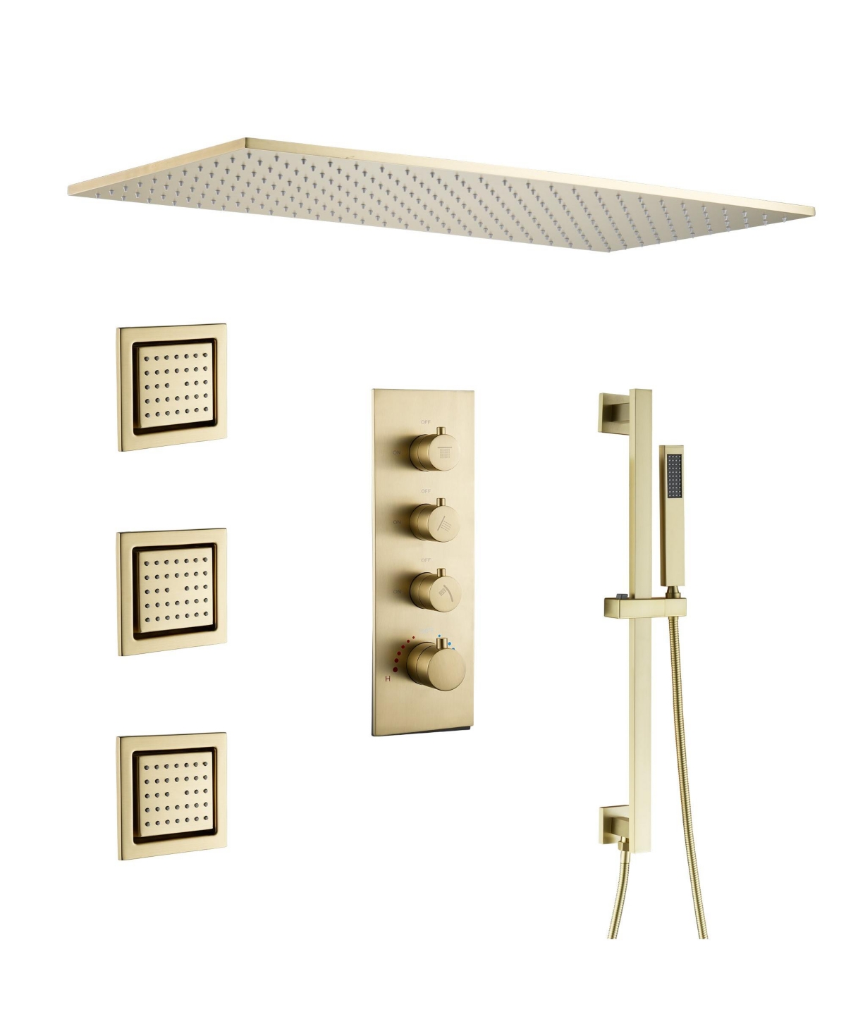 Luxury Thermostatic Shower System with Body Jets, Square Rainfall Shower Head with Handheld Shower, Temperature Control, Brushed Gold - Brushed gold