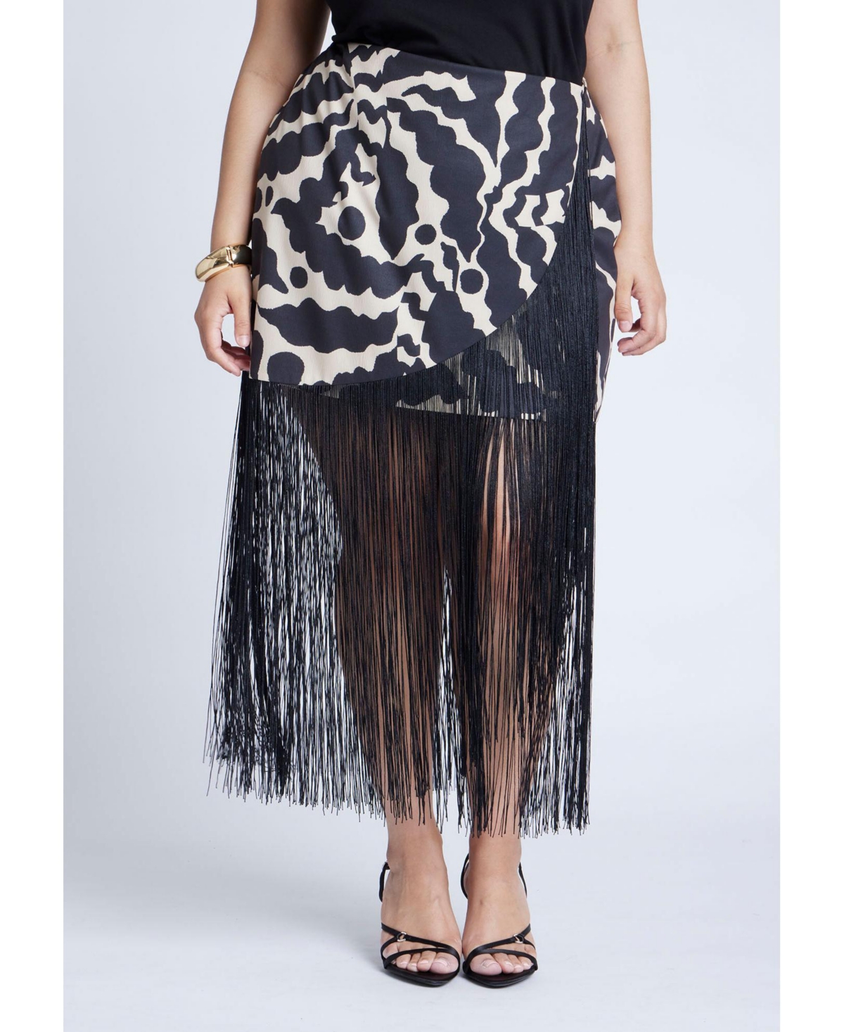 Plus Size Wrap Front Fringe Mini Skirt - Crinkle cut fauna