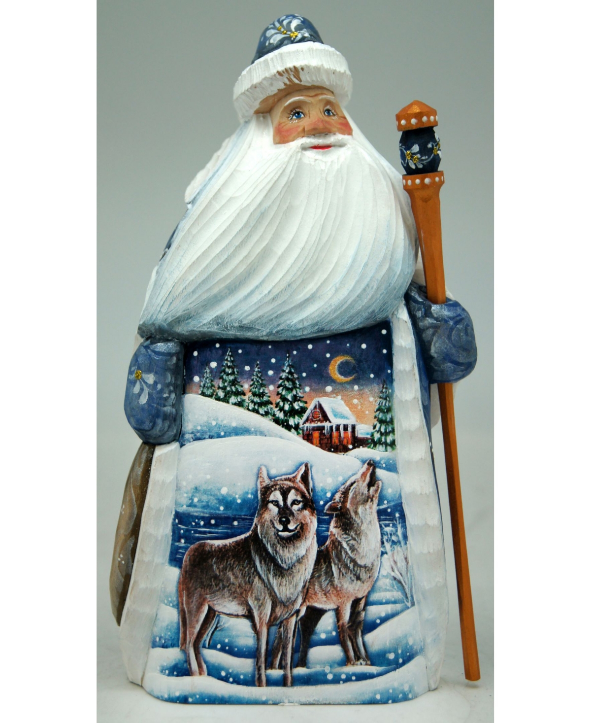 Woodcarved and Hand Painted Santa Wolf and Bird Figurine - Multi