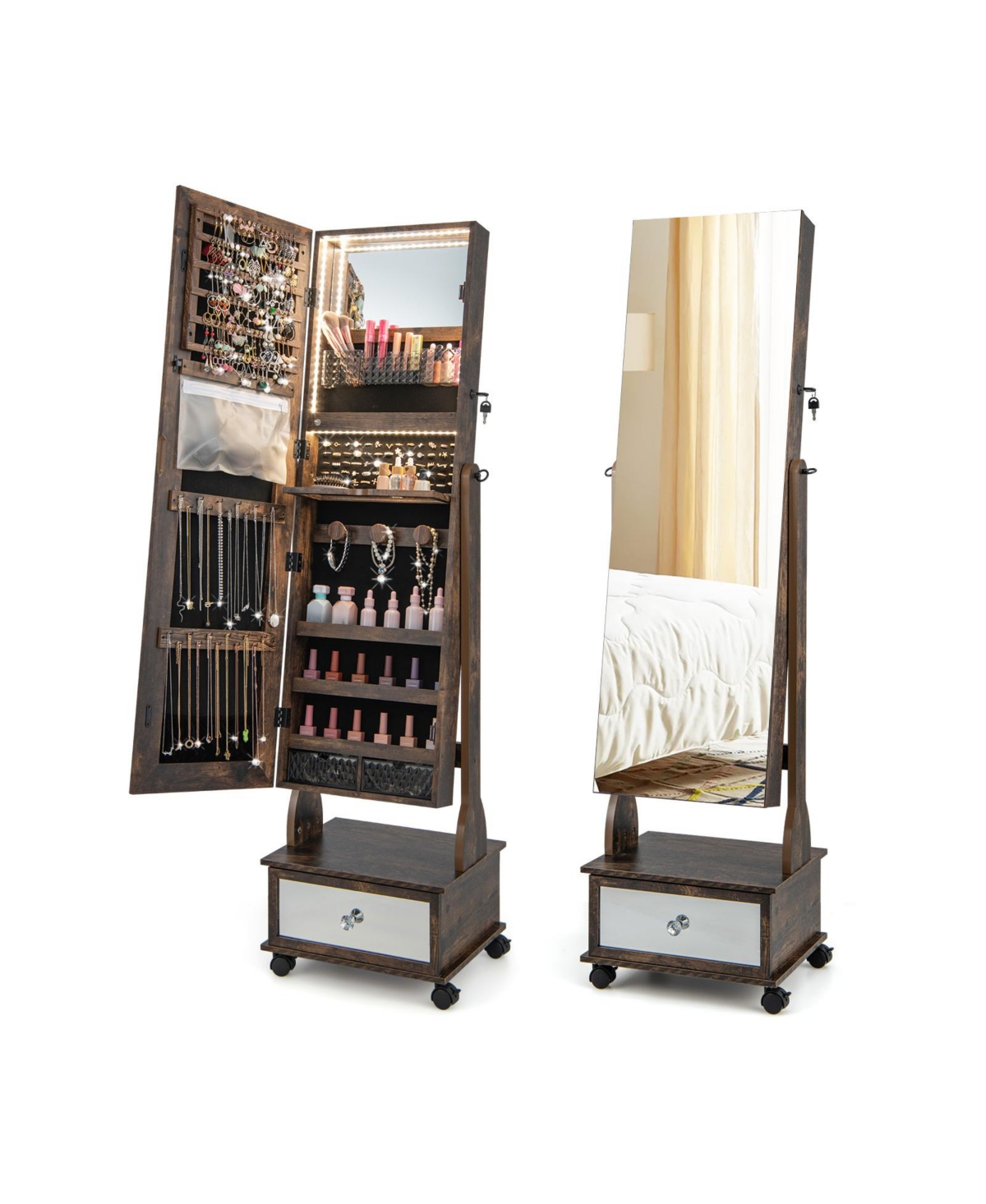 47 Inch Lockable Jewelry Cabinet Armoire with 3-Color Led Lights-Coffee - Dark Brown