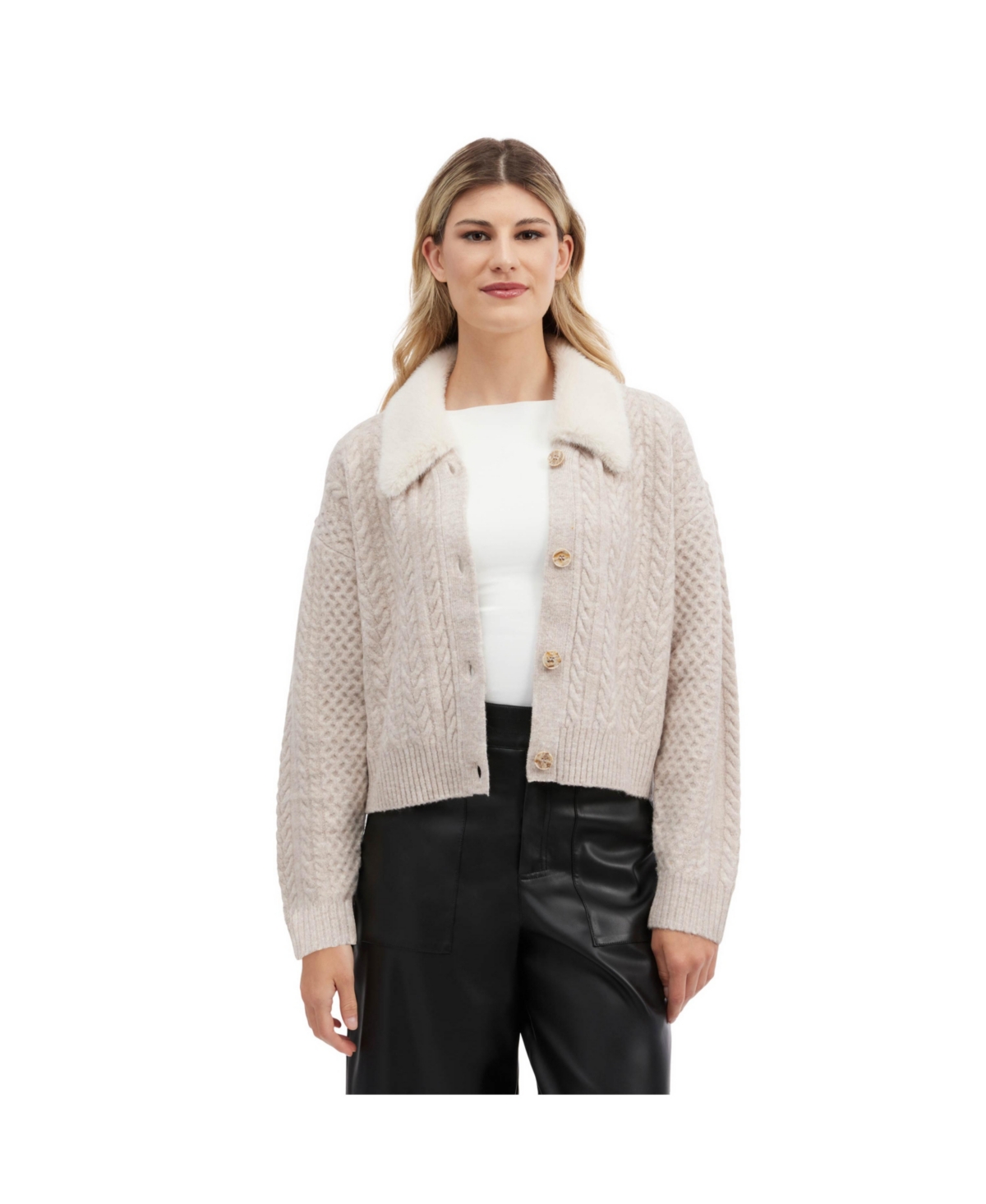 Women's Cable Knit Cardigan with Faux Fur Collar - Oatmeal