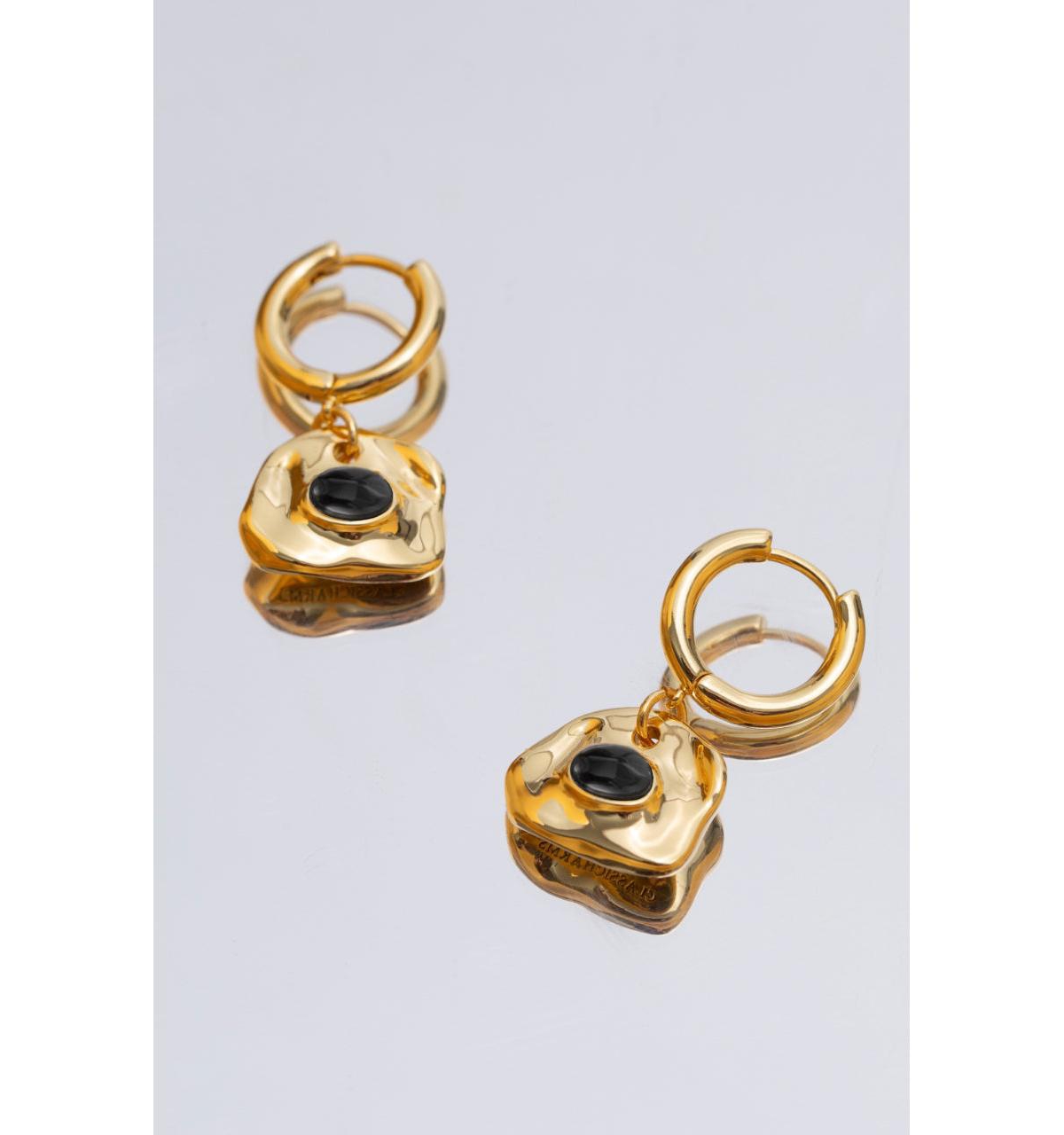 Aria Gemstone Hoop Drop Earrings - Gold/noir black