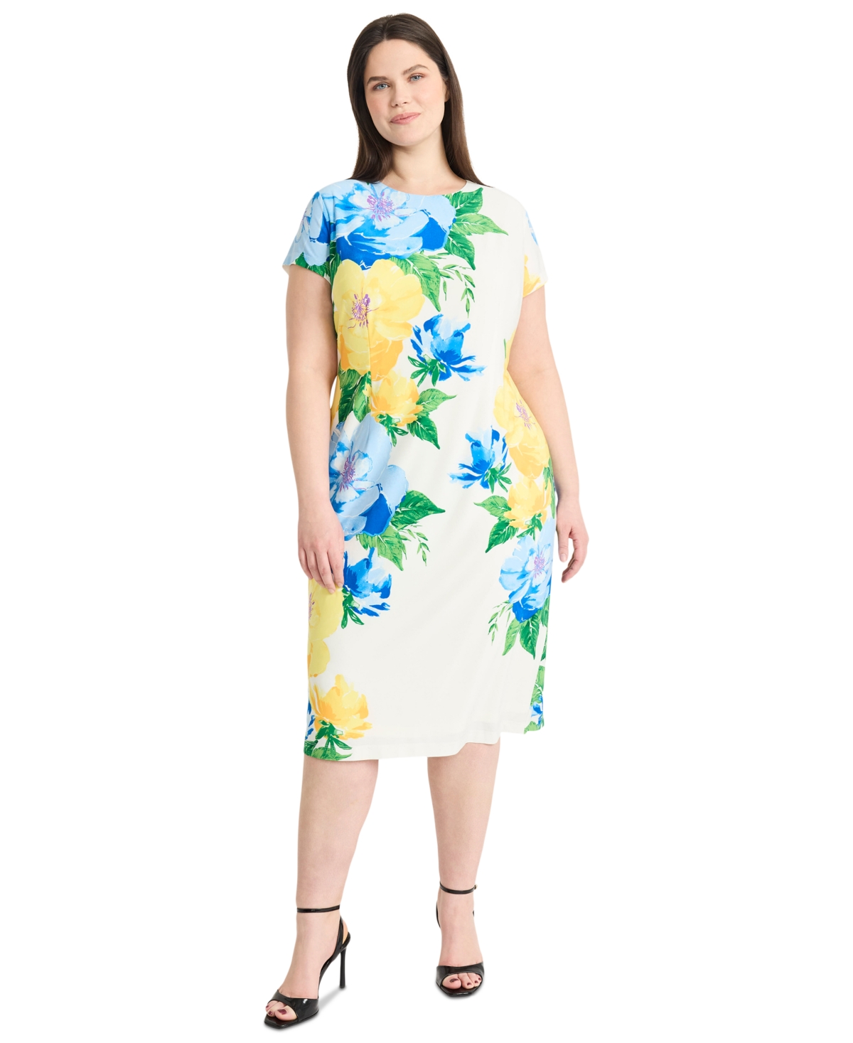 Plus Size Floral-Print Midi Dress - White/Yellow