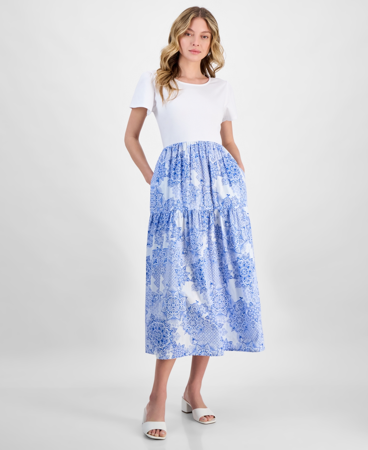 Women's Mixed Media Midi Dress - Bright White Multi