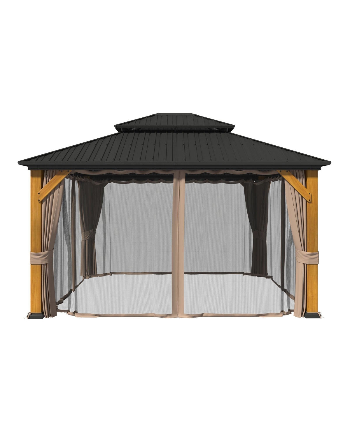 12x14 Ft Heavy-Duty Aluminum Hardtop Gazebo with Galvanized Steel Roof, Commercial-Grade Cedar Wood Outdoor Pavilion for Patio, Weddings - Black+yello