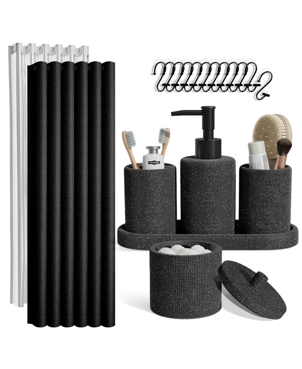 Complete Burlap-Texture Polyresin Bathroom Decor & Accessory Set with Shower Curtain - White