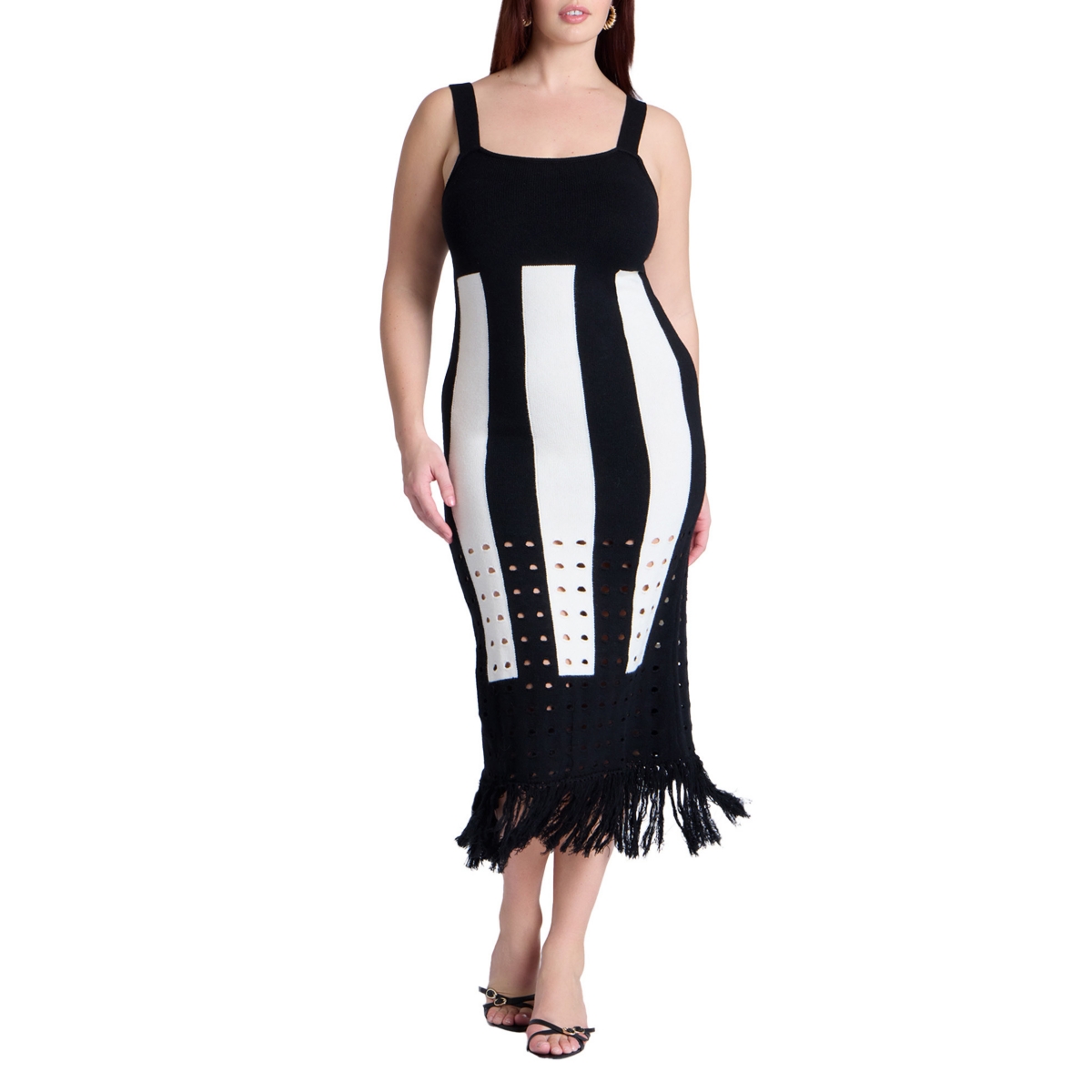 Plus Size Sweater Stripe Dress - Black white stripe