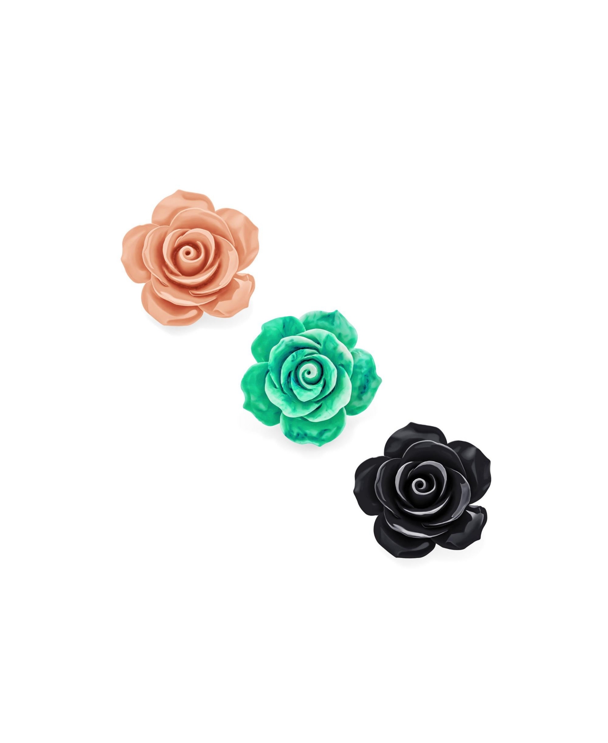 Set of Three Romantic Fashion Statement Floral Blooming 3D Carved Large Rose Flower Brooch Pin - Pink green set
