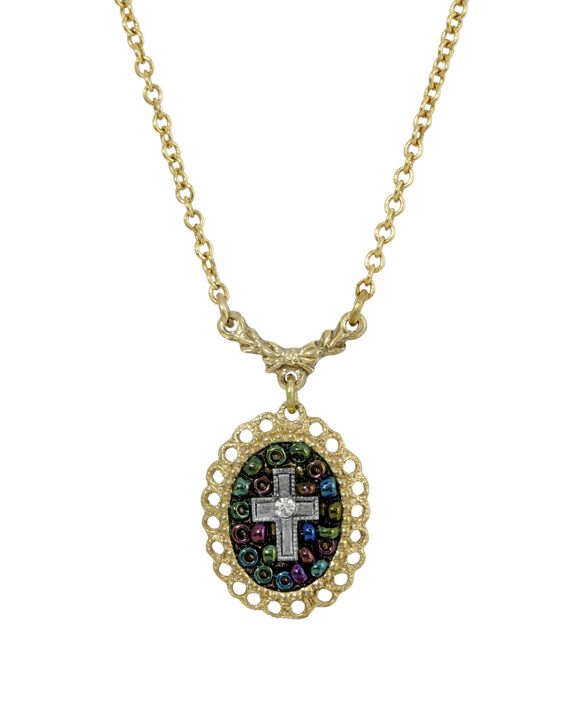 14K Gold Dipped Carded Oval Multi Color Beaded Crystal Cross Necklace - White