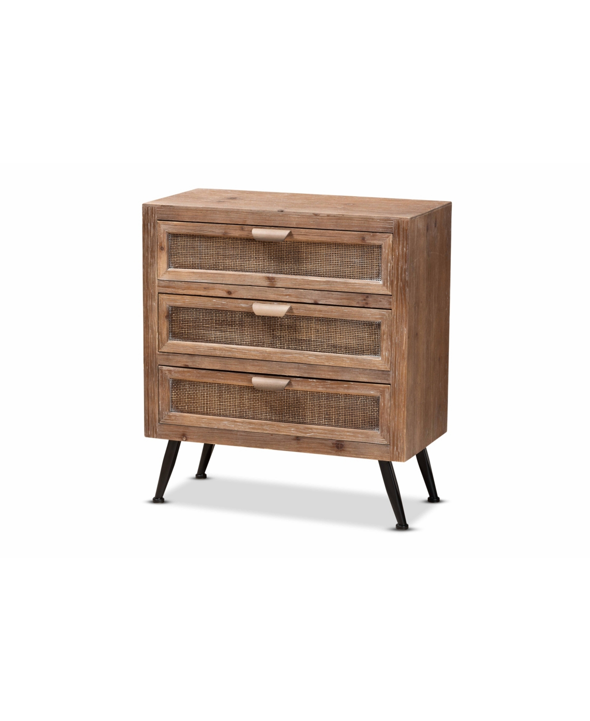 Baxton Studio Calida Mid-century Modern 30.7" Whitewashed Finished Wood And Rattan 3-drawer Storage Cabinet In Natural Brown,black