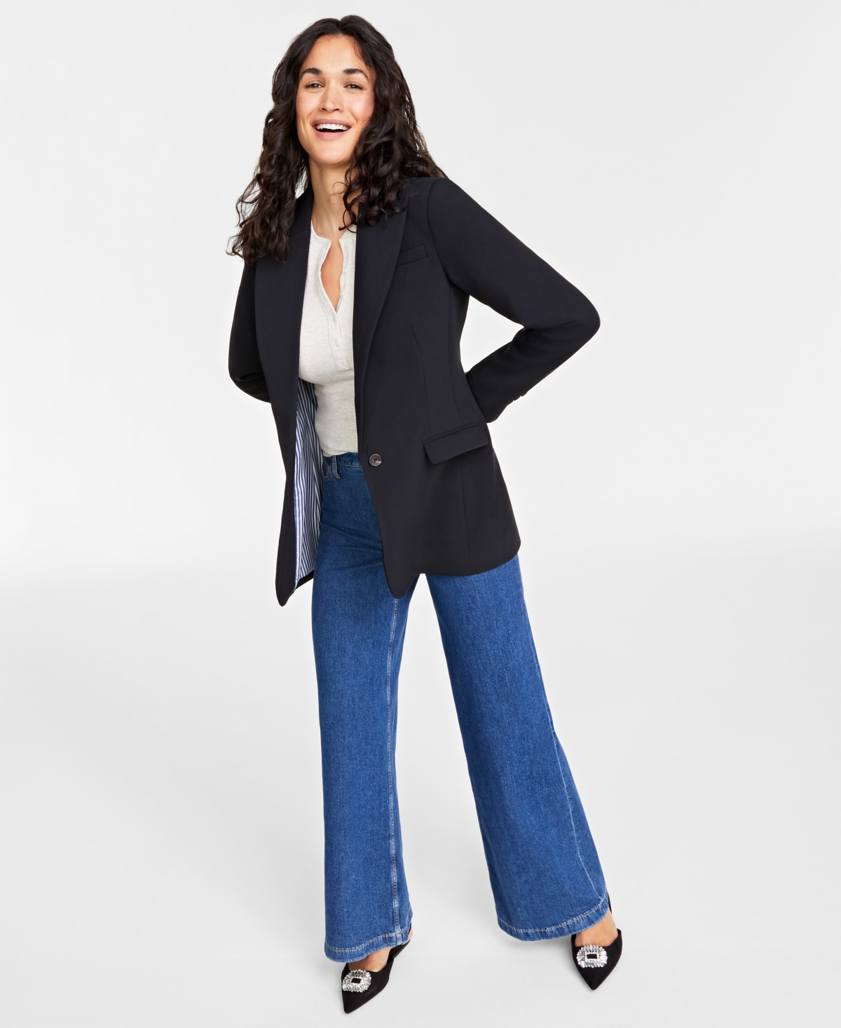 Women's Solid One-Button Boyfriend Blazer, Created for Macy's - Deep Black