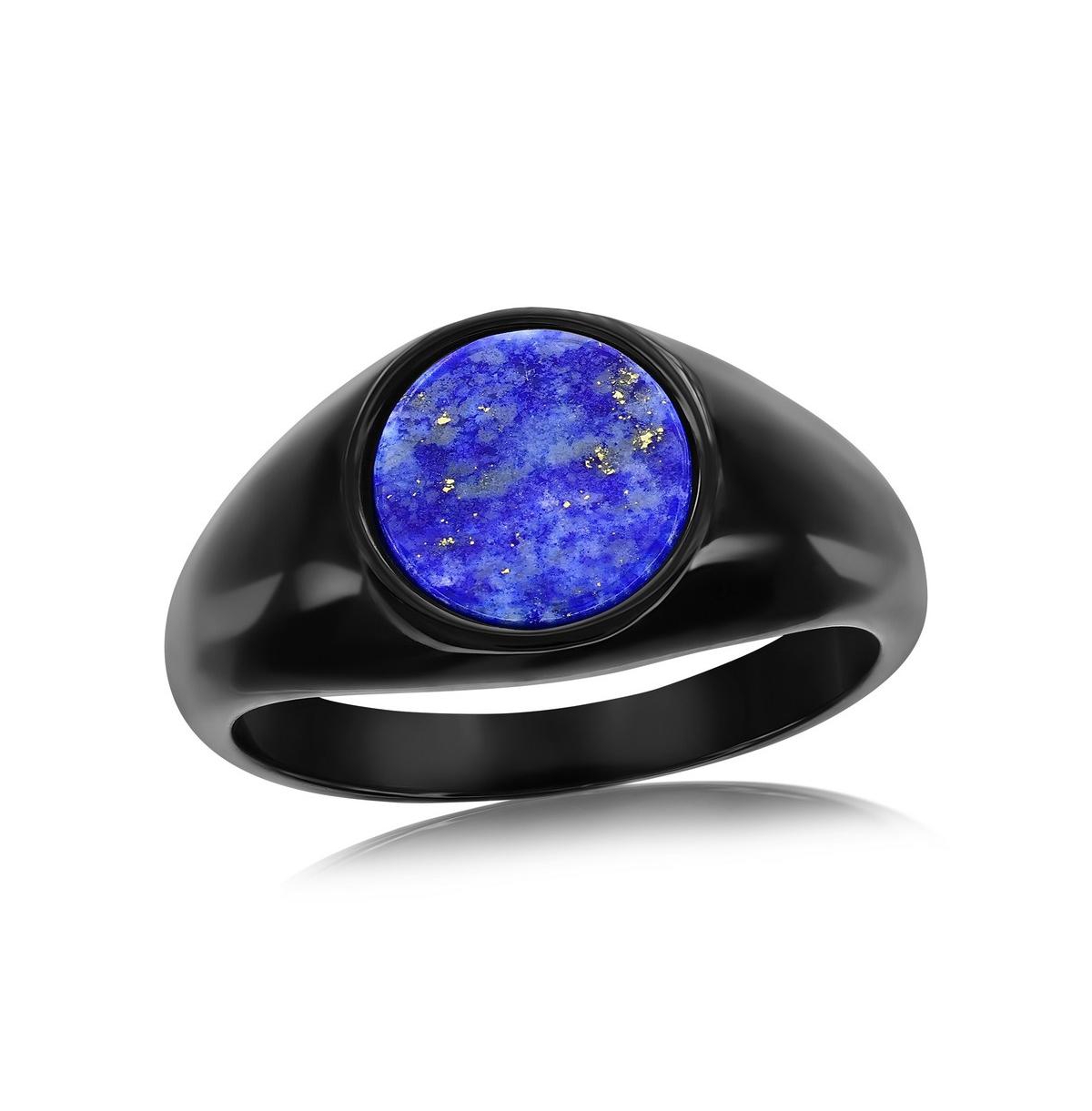 Stainless Steel, Ip Black Plated Inlay Round Ring - Lapis - Lapis