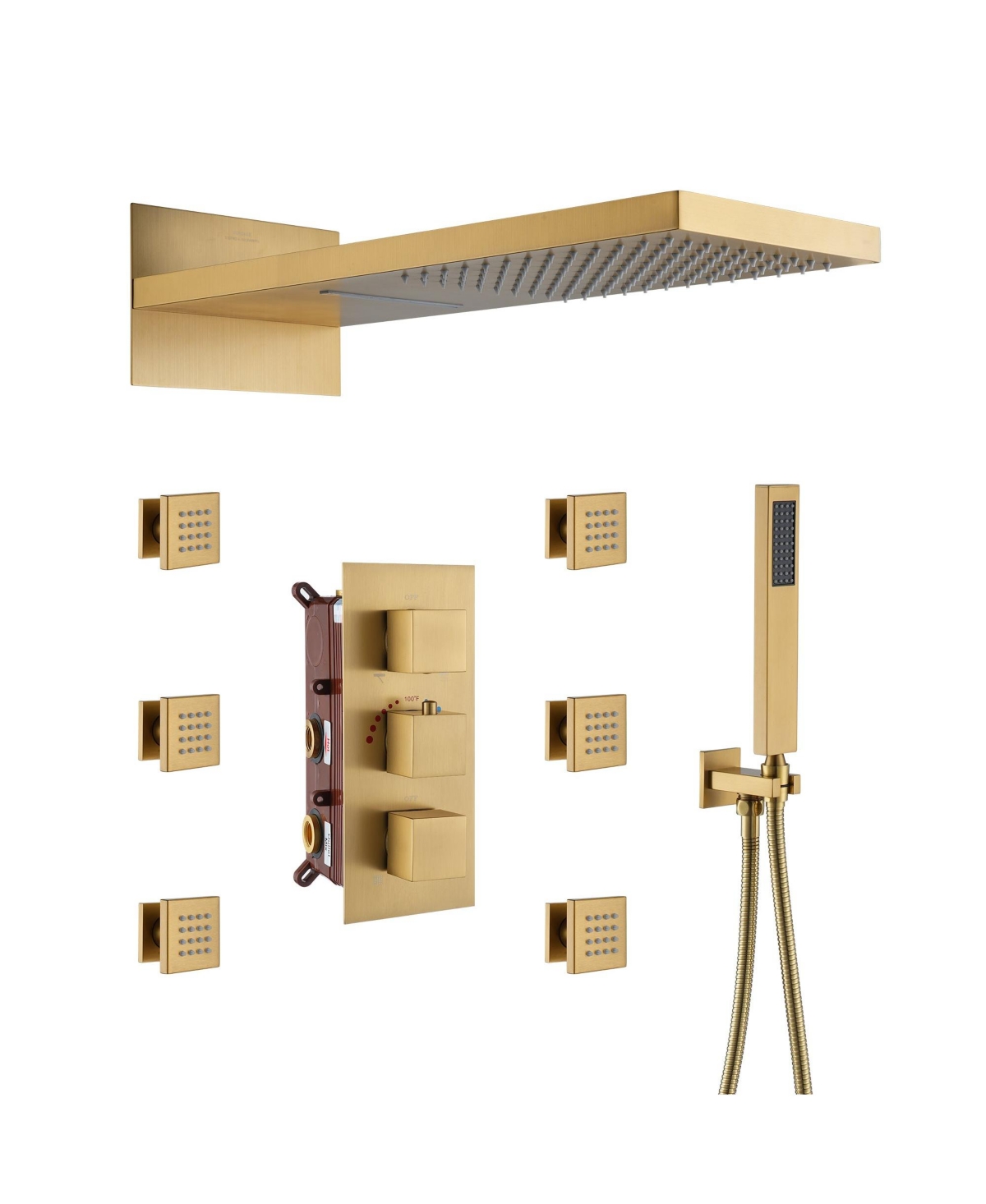 4 Function Shower System with Handheld Shower Head Rainfall Shower Head with Side Body Jets, Brushed Gold - Brushed gold