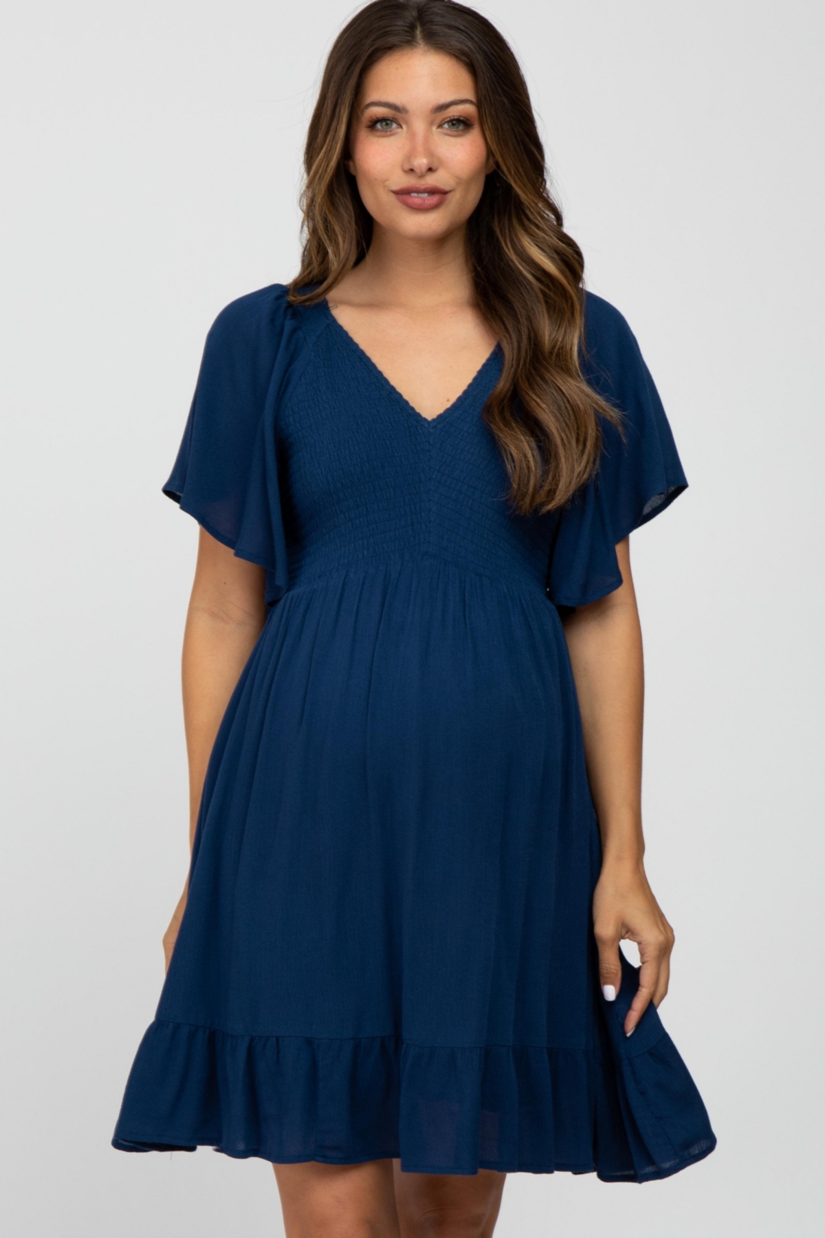 Maternity Navy Blue Smocked Front Ruffle Hem Dress - Navy blue