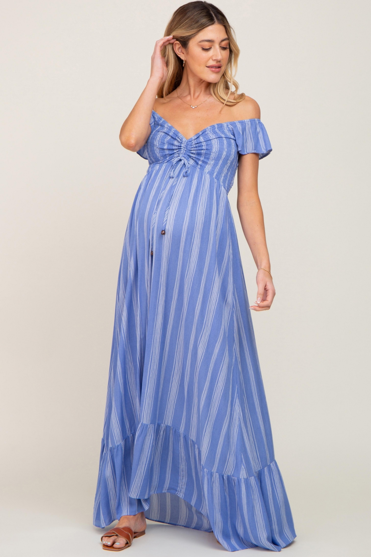 Maternity Blue Striped Off Shoulder Front Tie Maxi Dress - Blue