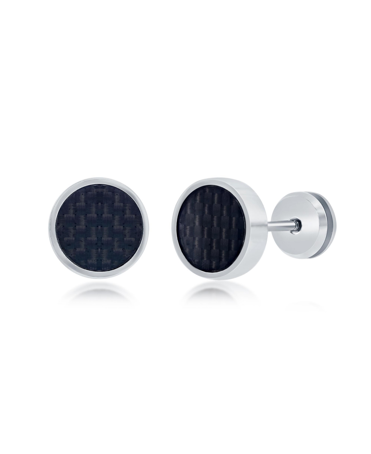 Mens Stainless Steel 10mm Carbon Fiber Stud Earrings - Silver