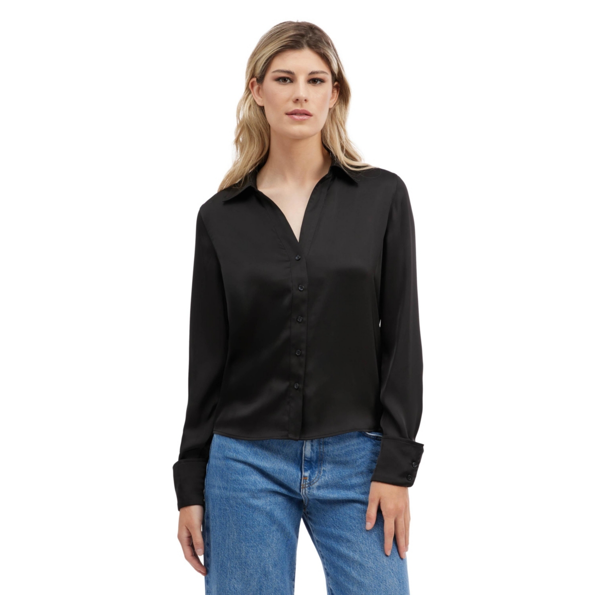 Women's Button Front Satin Blouse - Black
