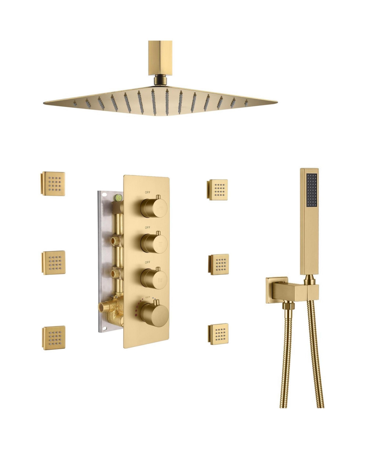 Brushed Gold Celling Mount Thermostatic Rain Shower System with Handheld Shower and Wall Body Jets 3 Functions Wall Mount Shower Faucet - Brushed gold