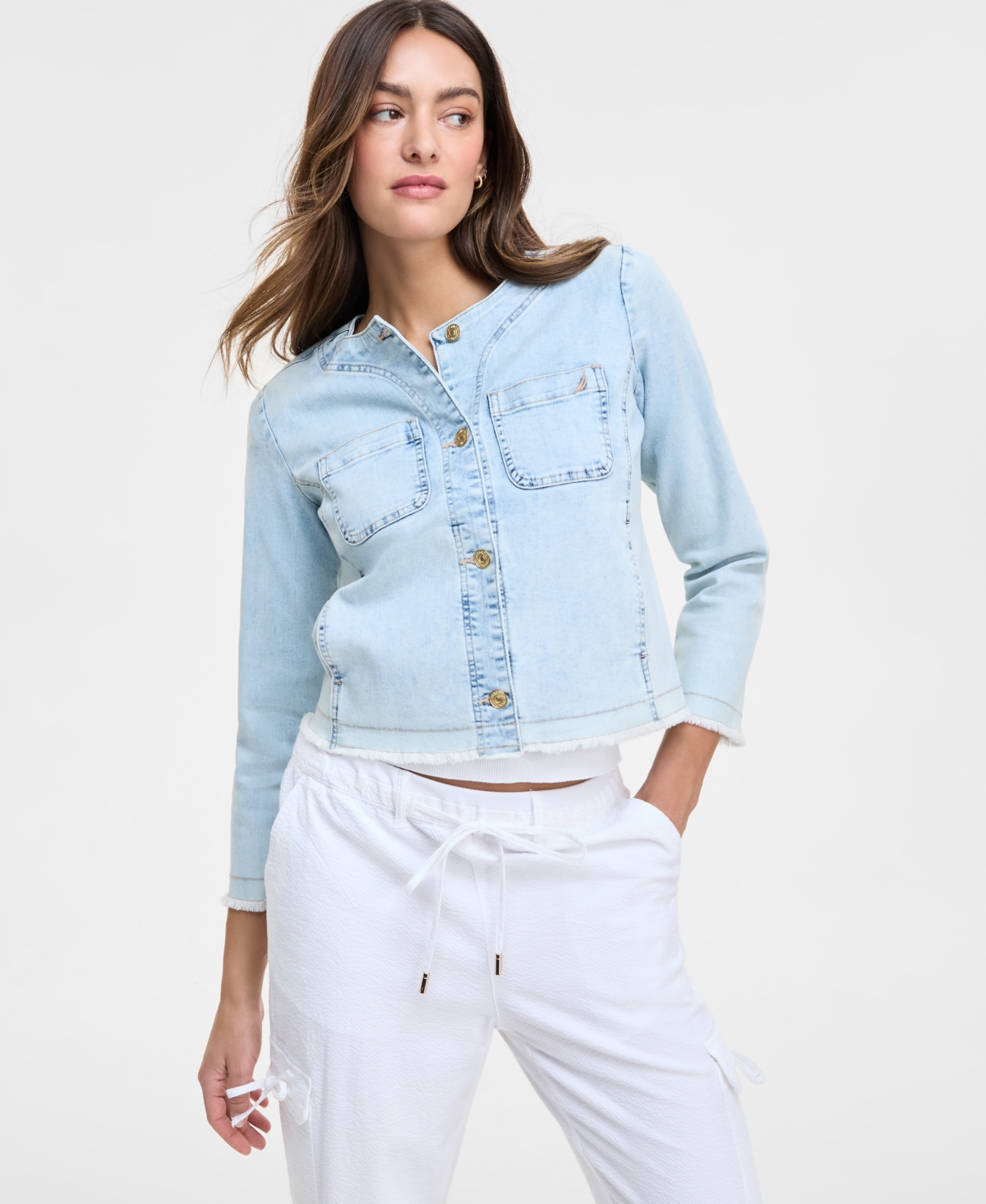 Women's Collarless Denim Jacket - Ariella Wash