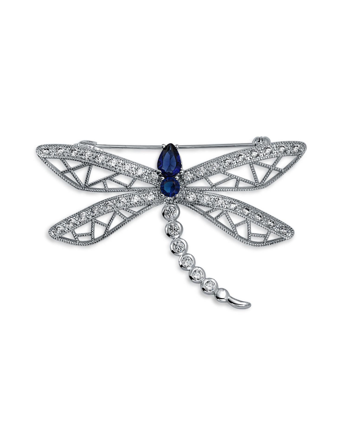 Sapphire Blue Cz Butterfly Dragonfly Brooch Pin Silver Plated - Navy