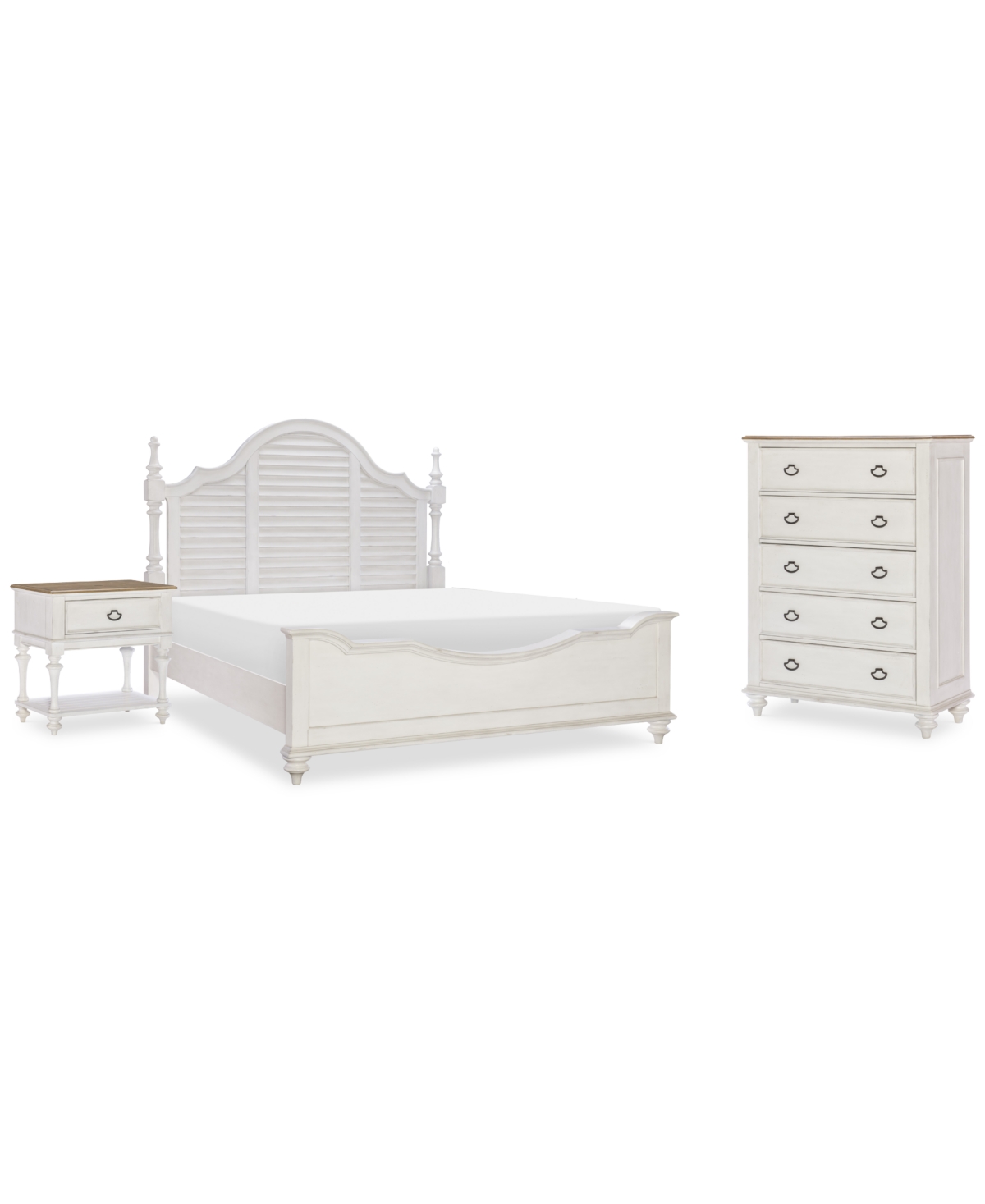 Macy's Mandeville 3pc Bedroom Set (upholstered California King Bed + Drawer Chest + 2-drawer Nightstand) In White