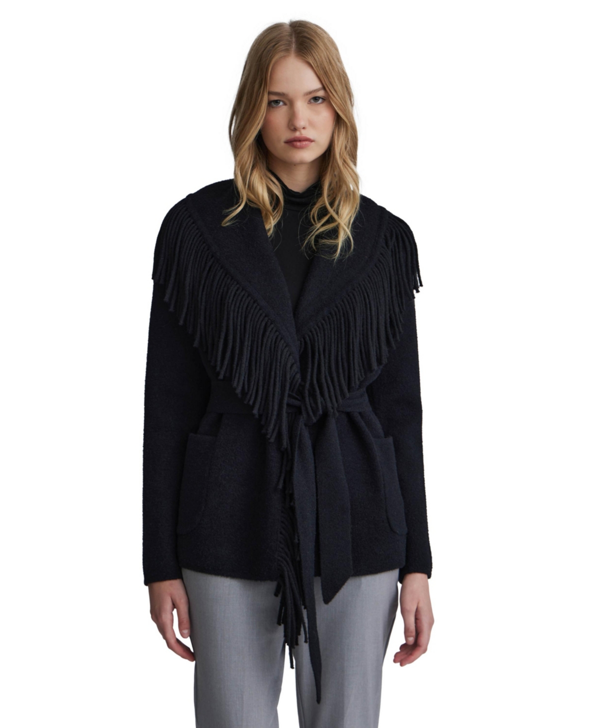 Women's Mink Eyelash Fringe Coatigan - Black