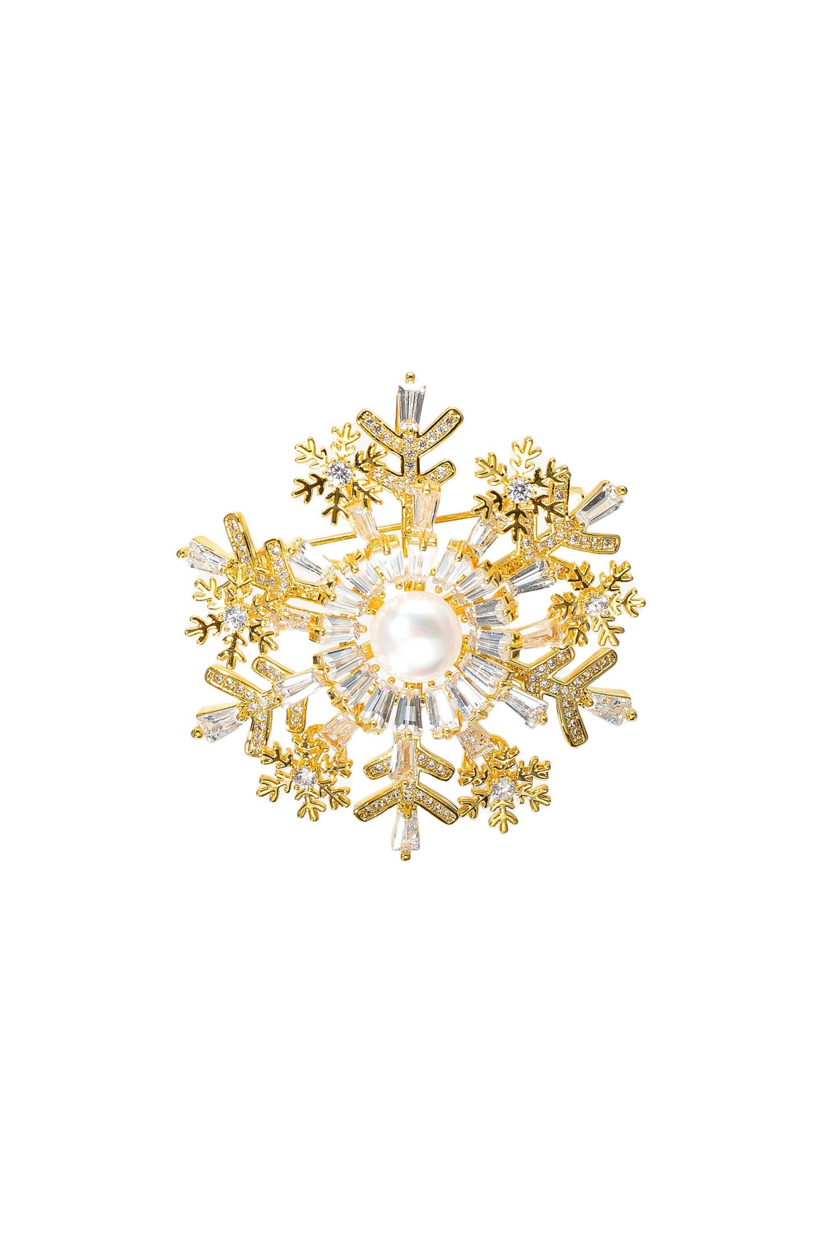 Pave Cubic Zirconia and Freshwater Pearl Snowflake Multi Way Brooch Pendant - Gold