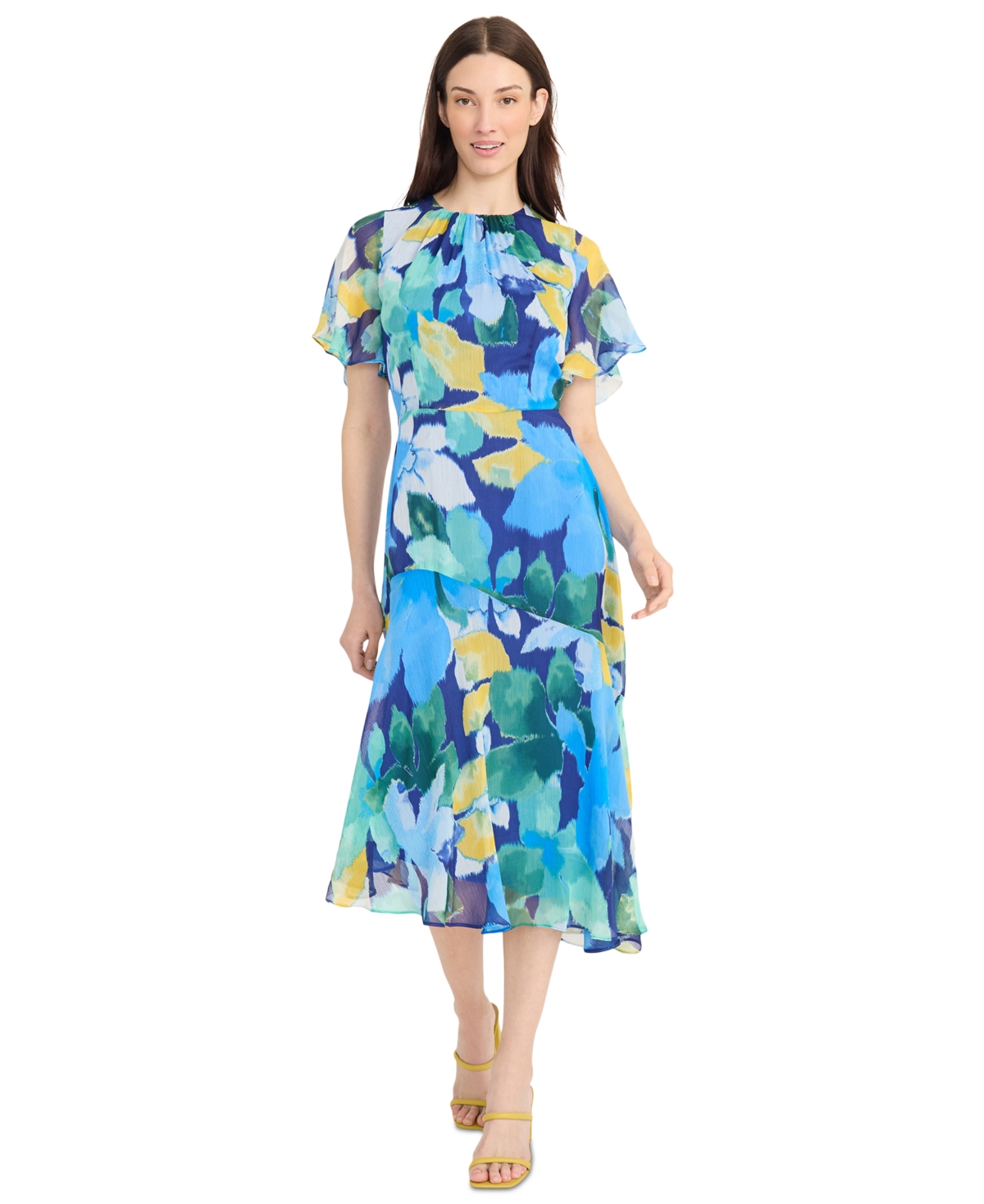 Women's Flutter-Sleeve Floral-Print Asymmetrical Dress - Navy/Cerulian Blue