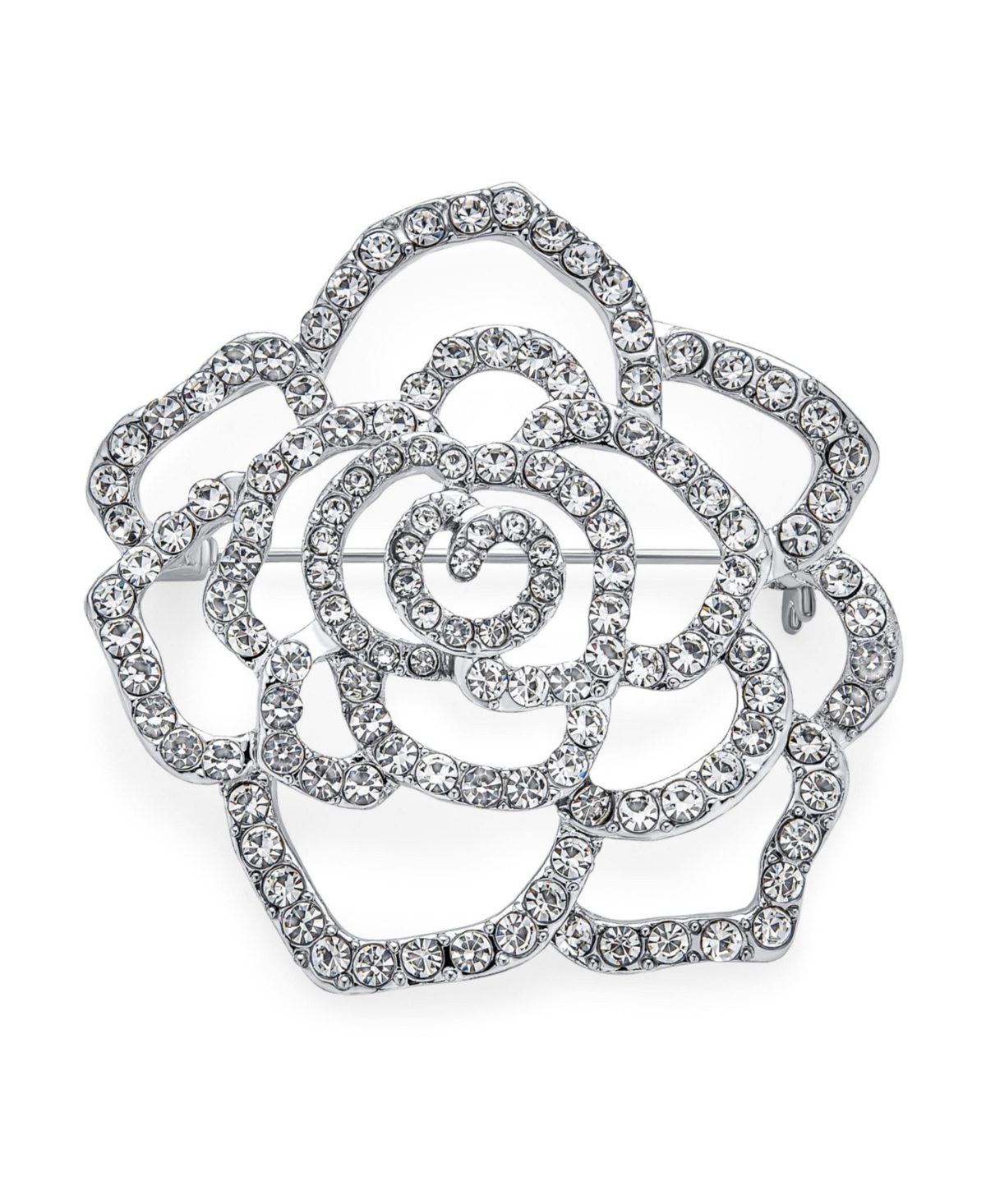 Sparkling Rose Flower Brooch Pin with Crystals Silver Tone Rhodium Plated - Clear