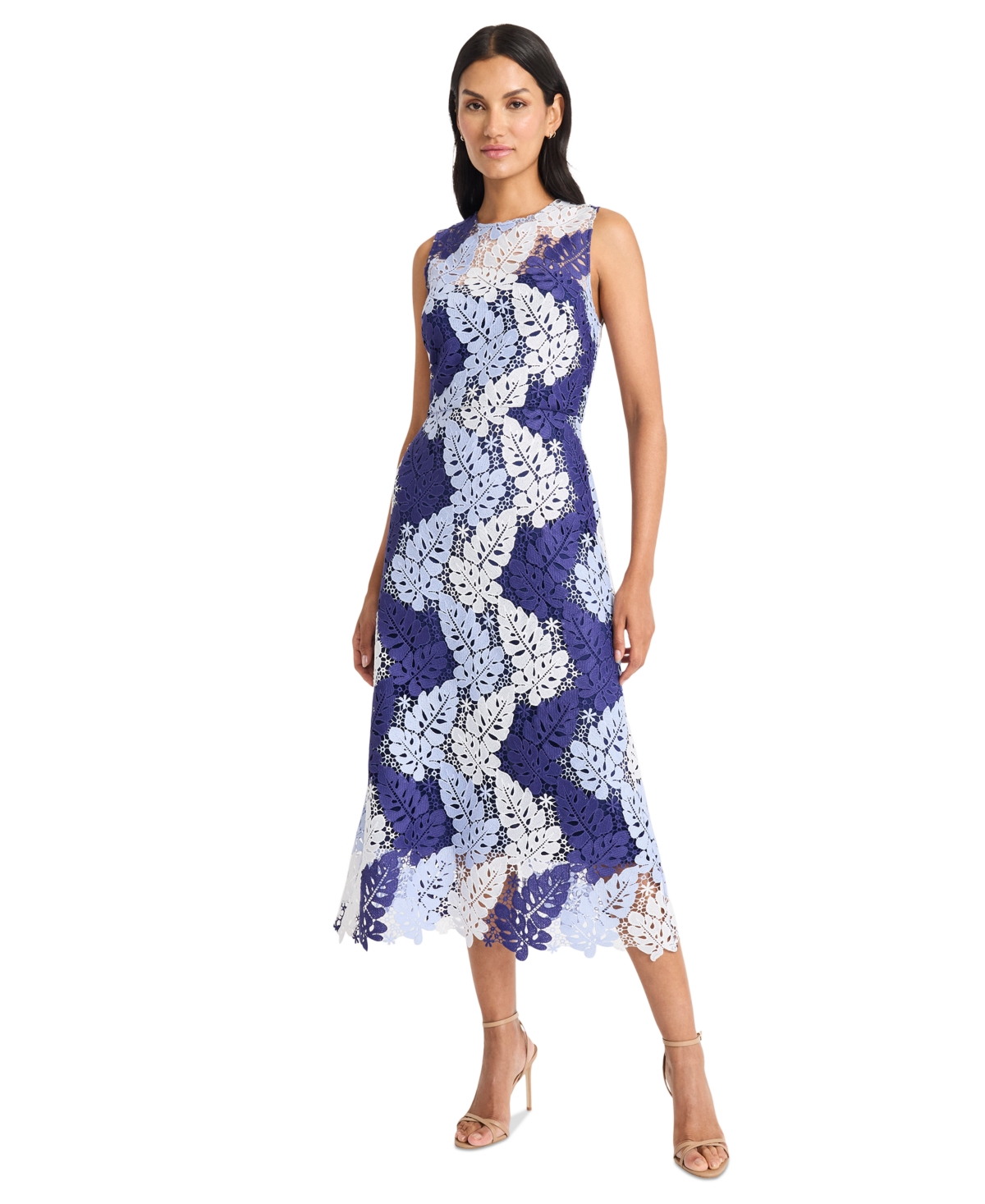 Women's Printed Lace Sleeveless Midi Dress - Navy/Periwinkle/White