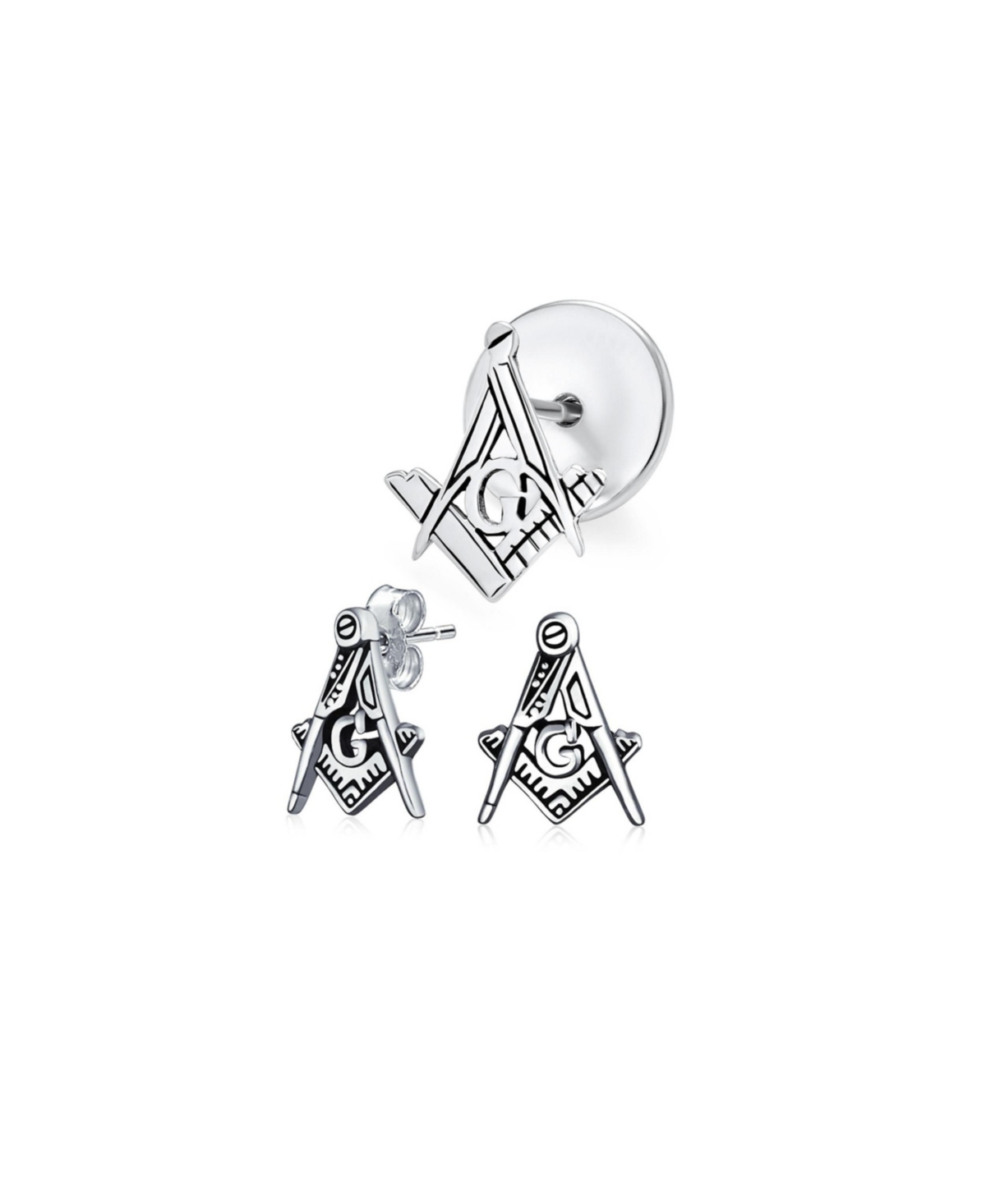 Set of 2 Tiny Masonic Freemason Stud Earrings and Brooch Pin Oxidized Silver - Silver set