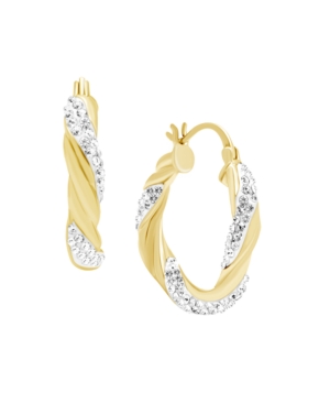 ESSENTIALS CLEAR CRYSTAL TWISTED CLICK TOP HOOP EARRING IN SILVER PLATE OR GOLD PLATE 