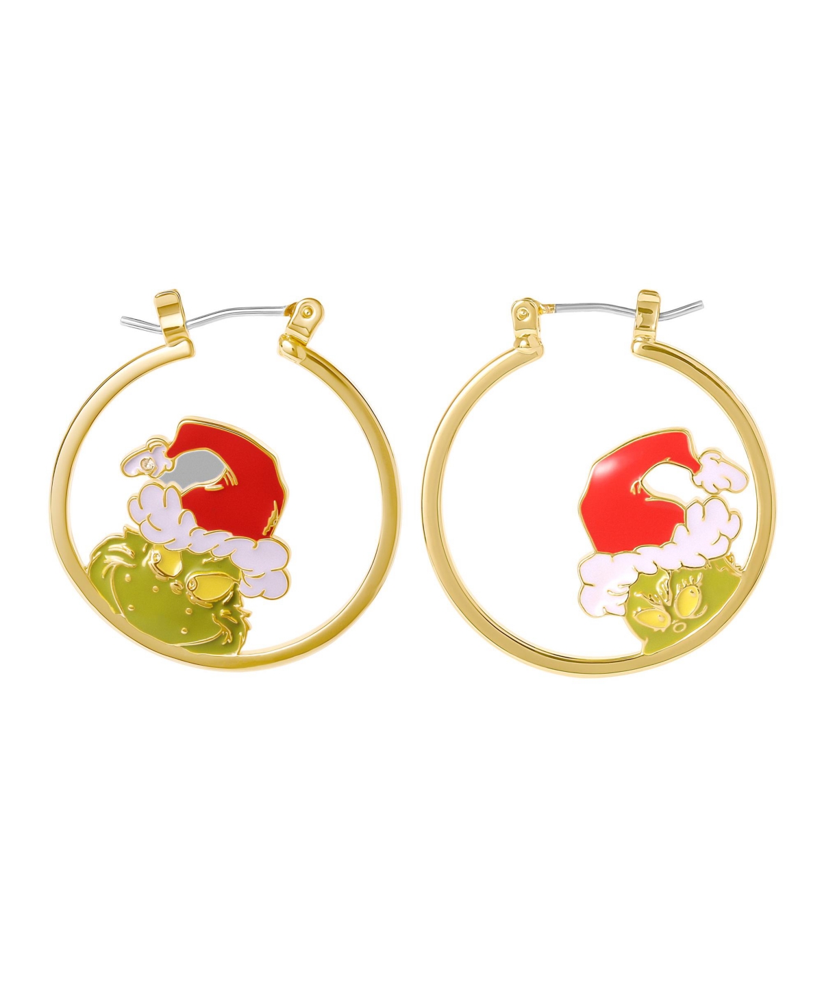 Dr Seuss Grinch Mismatched Head Hoop Earrings - Gold tone, red, green