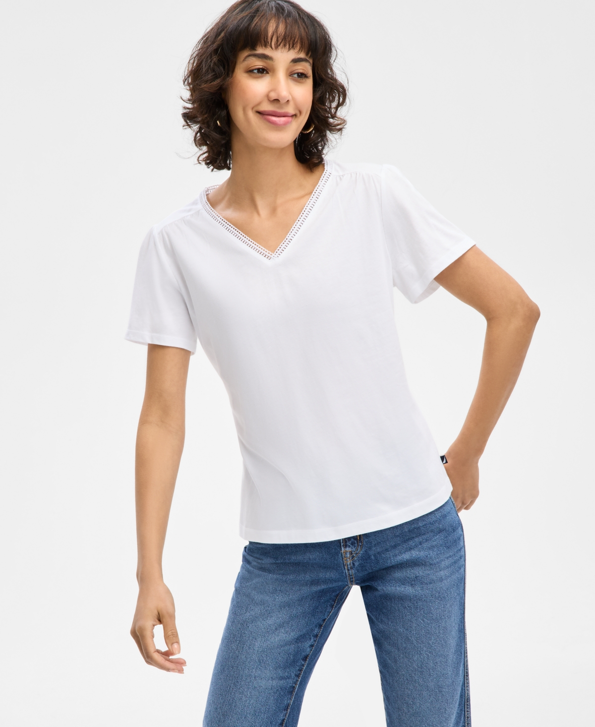 Women's Lace-Trim V-Neck T-Shirt - Bright White