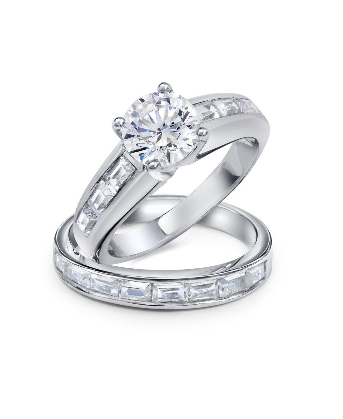 Art Deco Style 2CT Cubic Zirconia Solitaire Baguette Band Cz Ring Set .925 Sterling Silver - Silver a