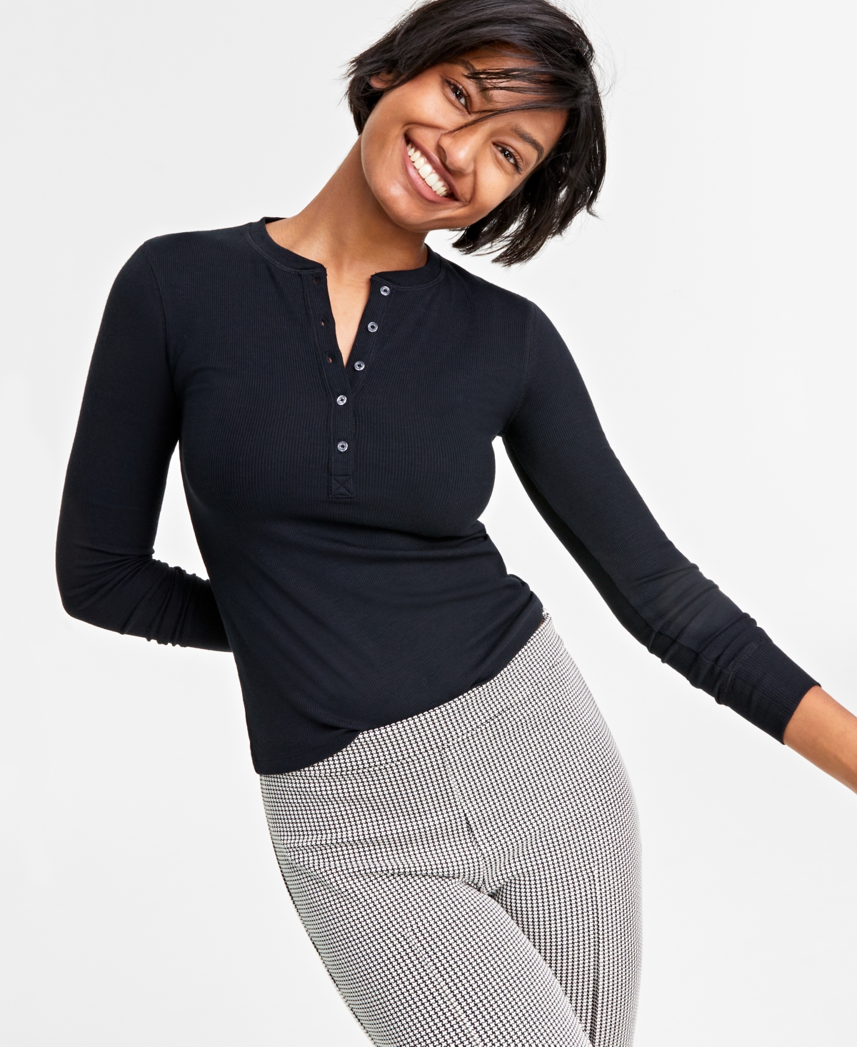 Women's Ribbed Long-Sleeve Henley Top, Created for Macy's - Deep Black